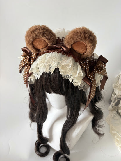 Brown Chocolate Bear Ear Lolita Headband with Lace and Bows