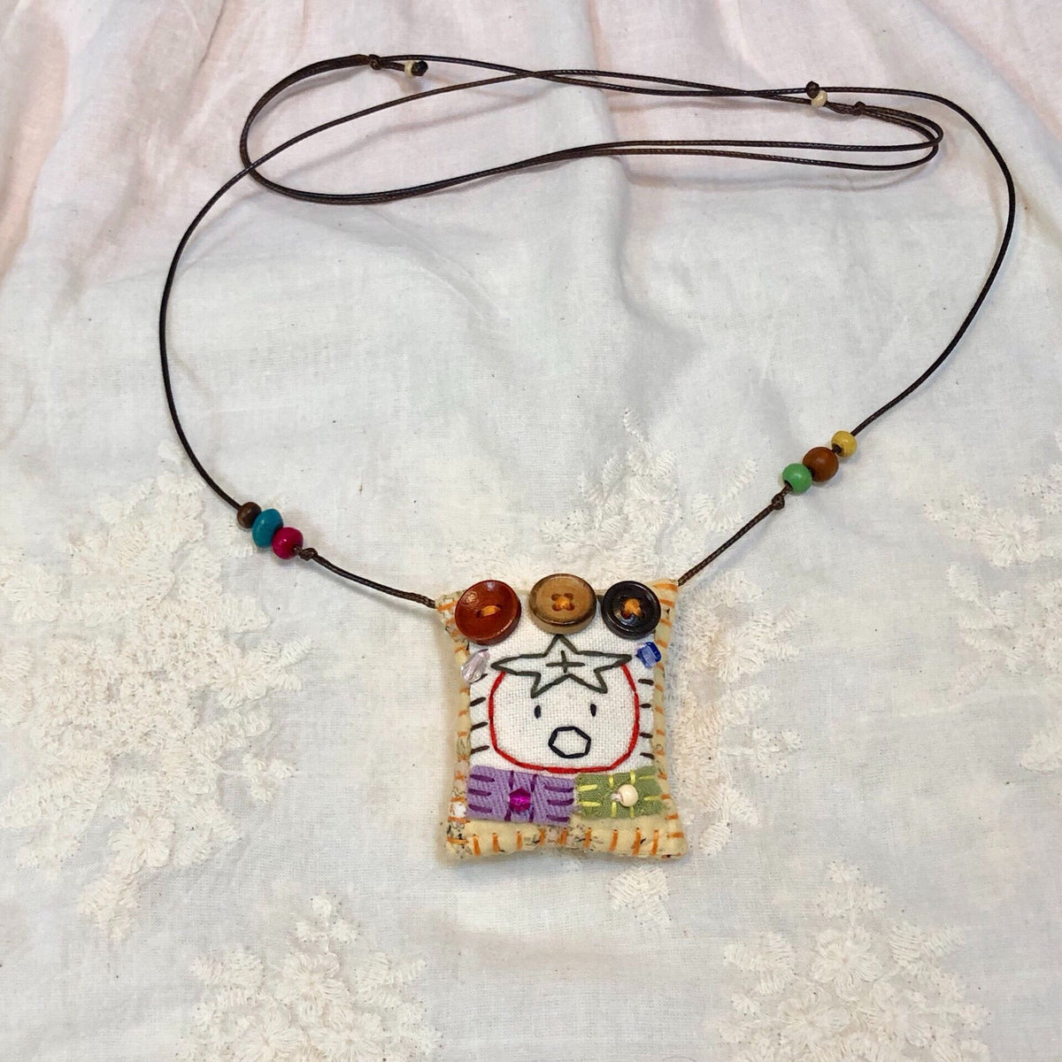 Handmade Hand Sewn Long Necklace Fabric Pendant