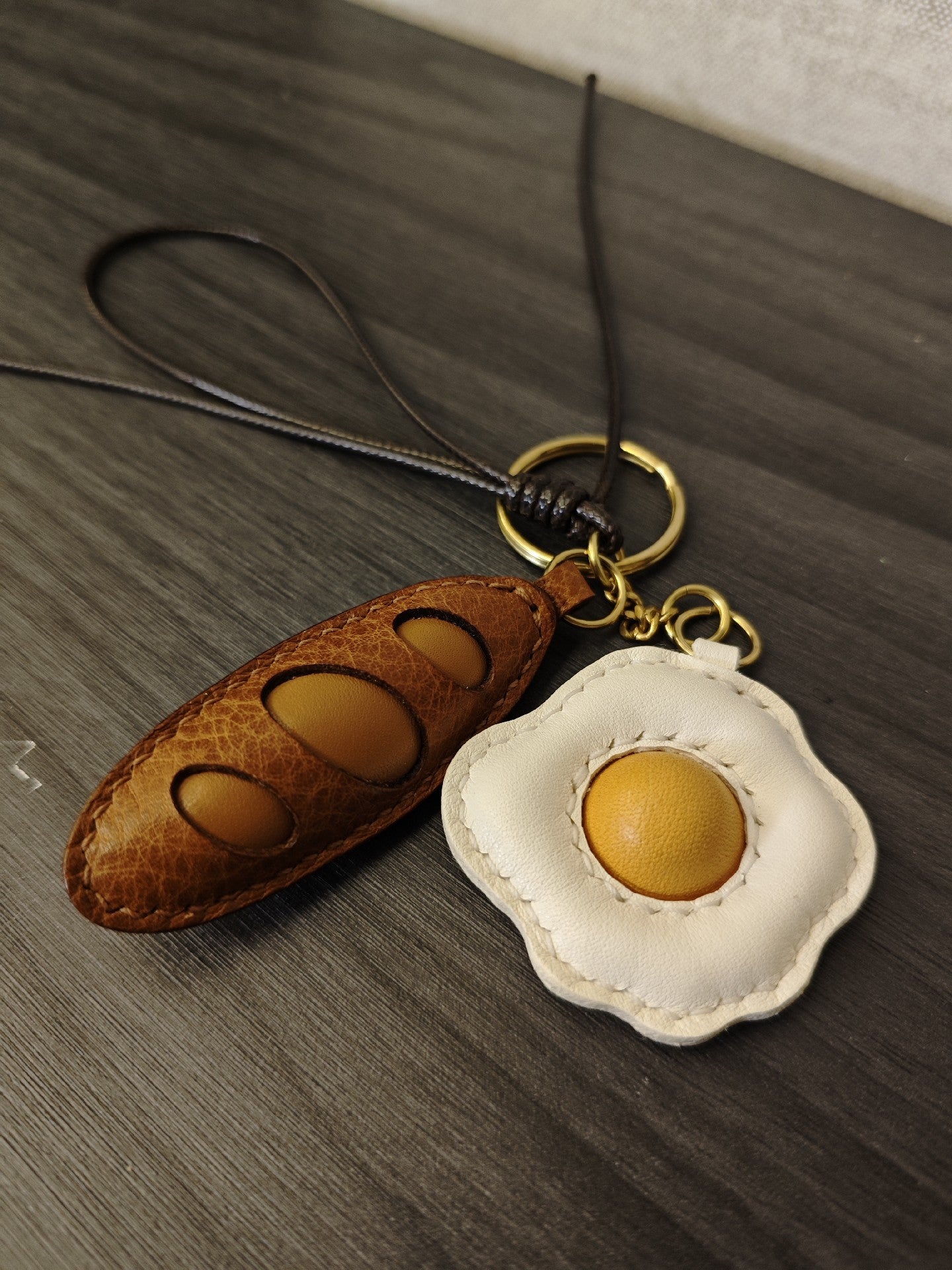 Handmade Leather Fried Egg and Baguette Keychain Set