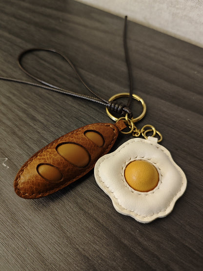 Handmade Leather Fried Egg and Baguette Keychain Set