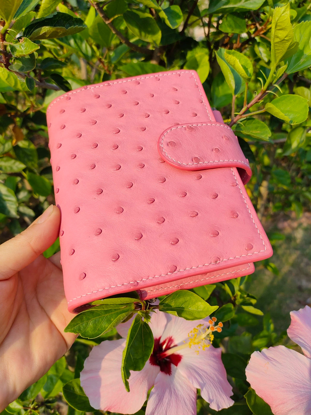 Pink Ostrich Leather A7 Ring Binder Journal