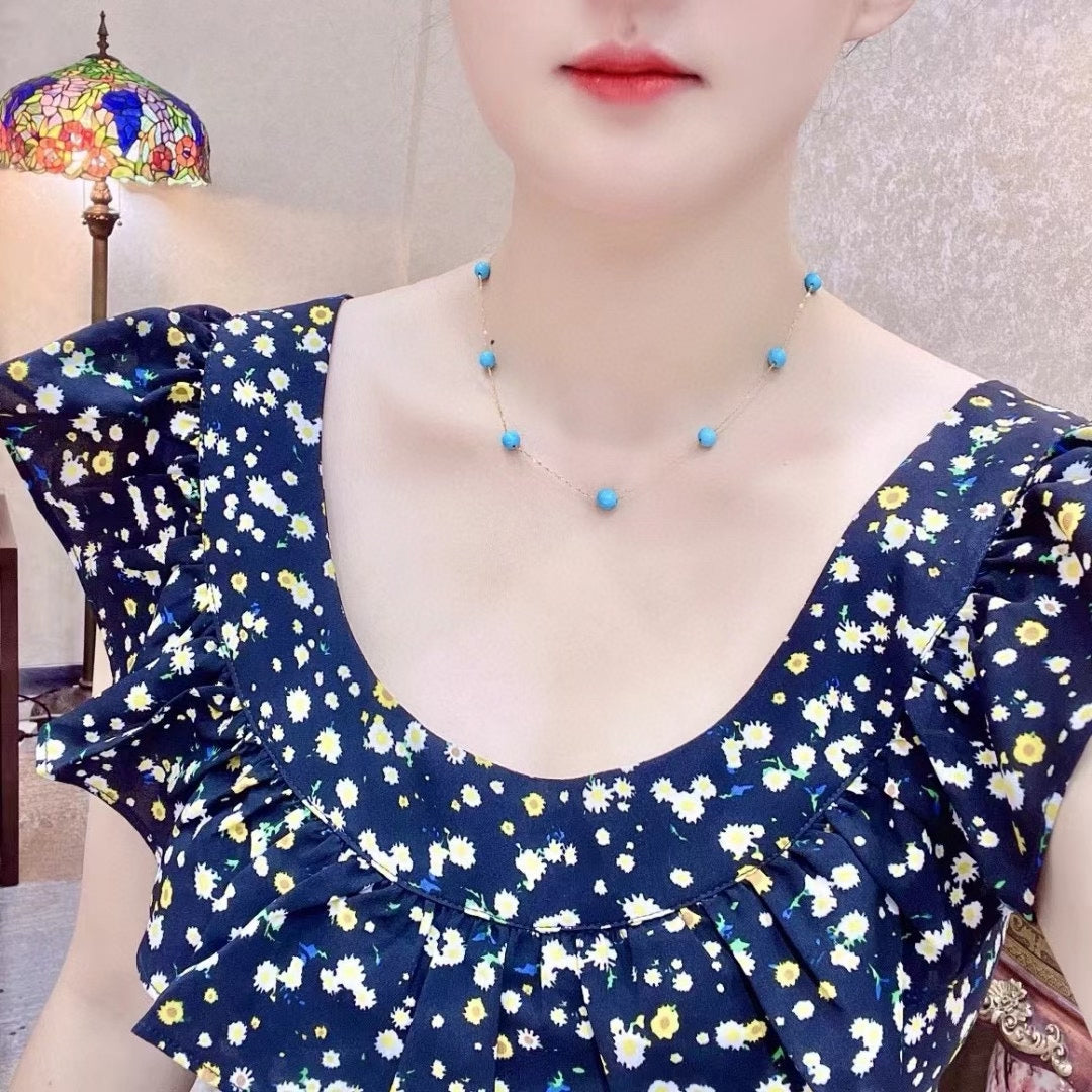 18k Gold Sleeping Beauty Turquoise Starry Sky Necklace, 6mm Beads