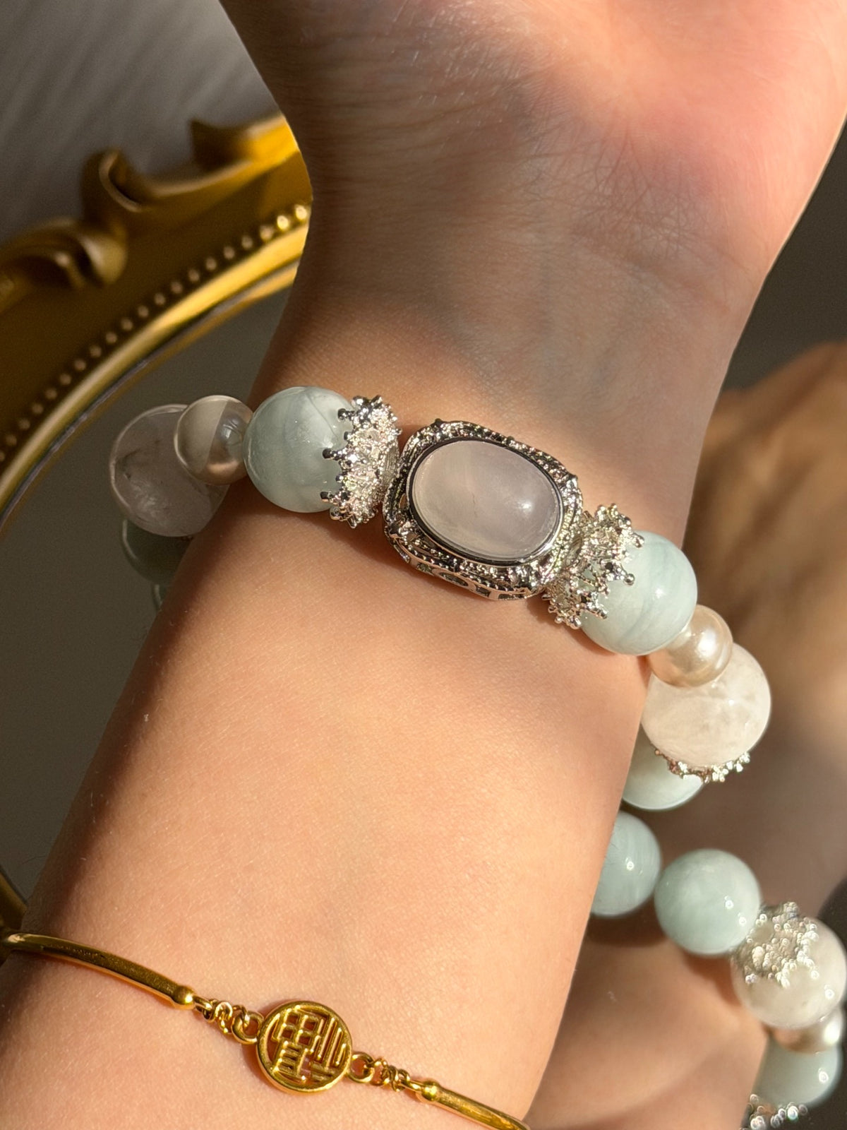 Aquamarin Schneeflocken-Phantomquarz Perlenarmband