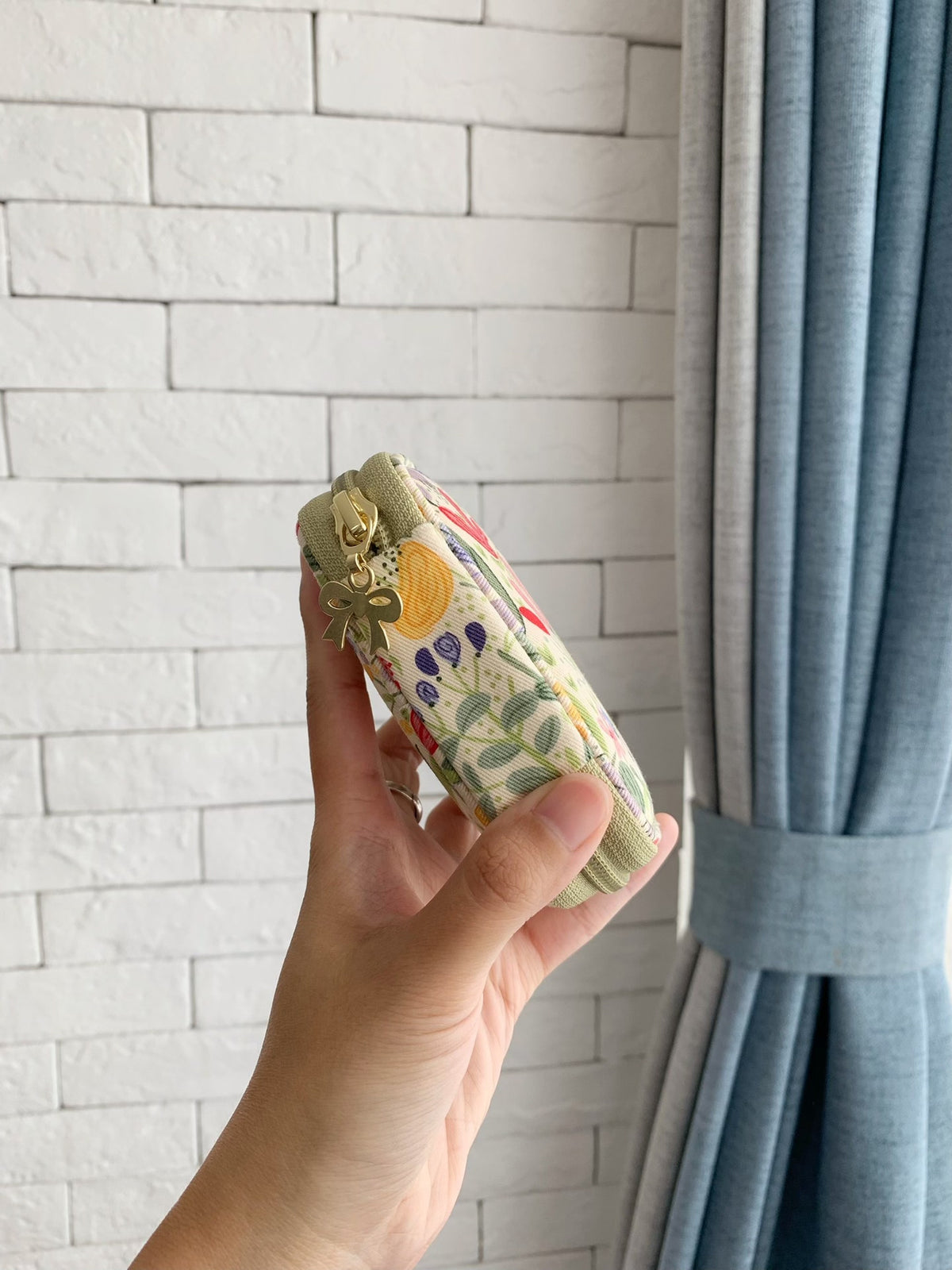 Floral Print Cotton Pouch with Card Slots