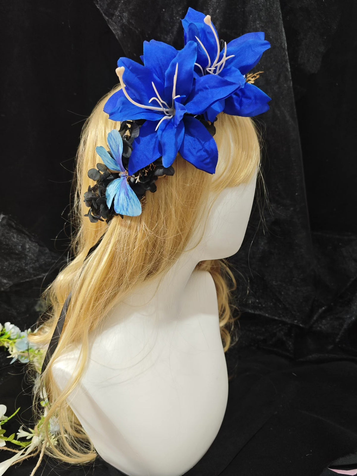 Gothic Floral Headpiece with Blue Lilies