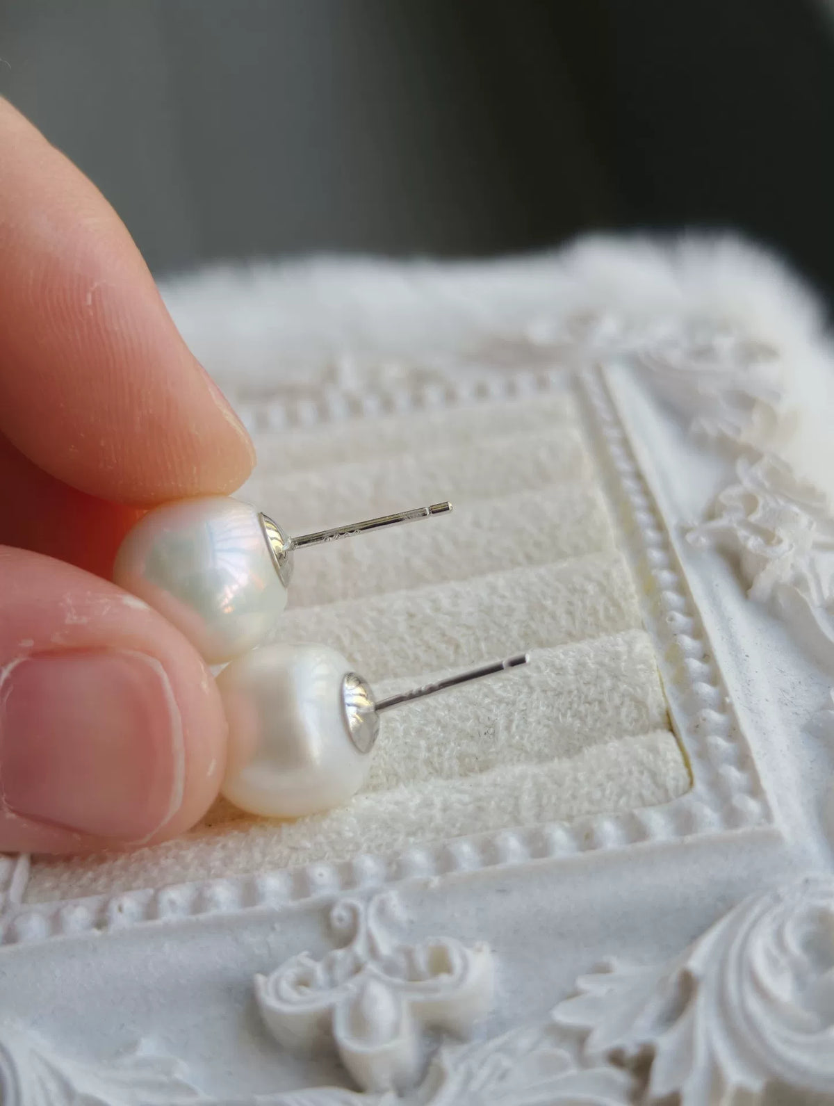 White Freshwater Pearl Stud Earrings 925 Silver