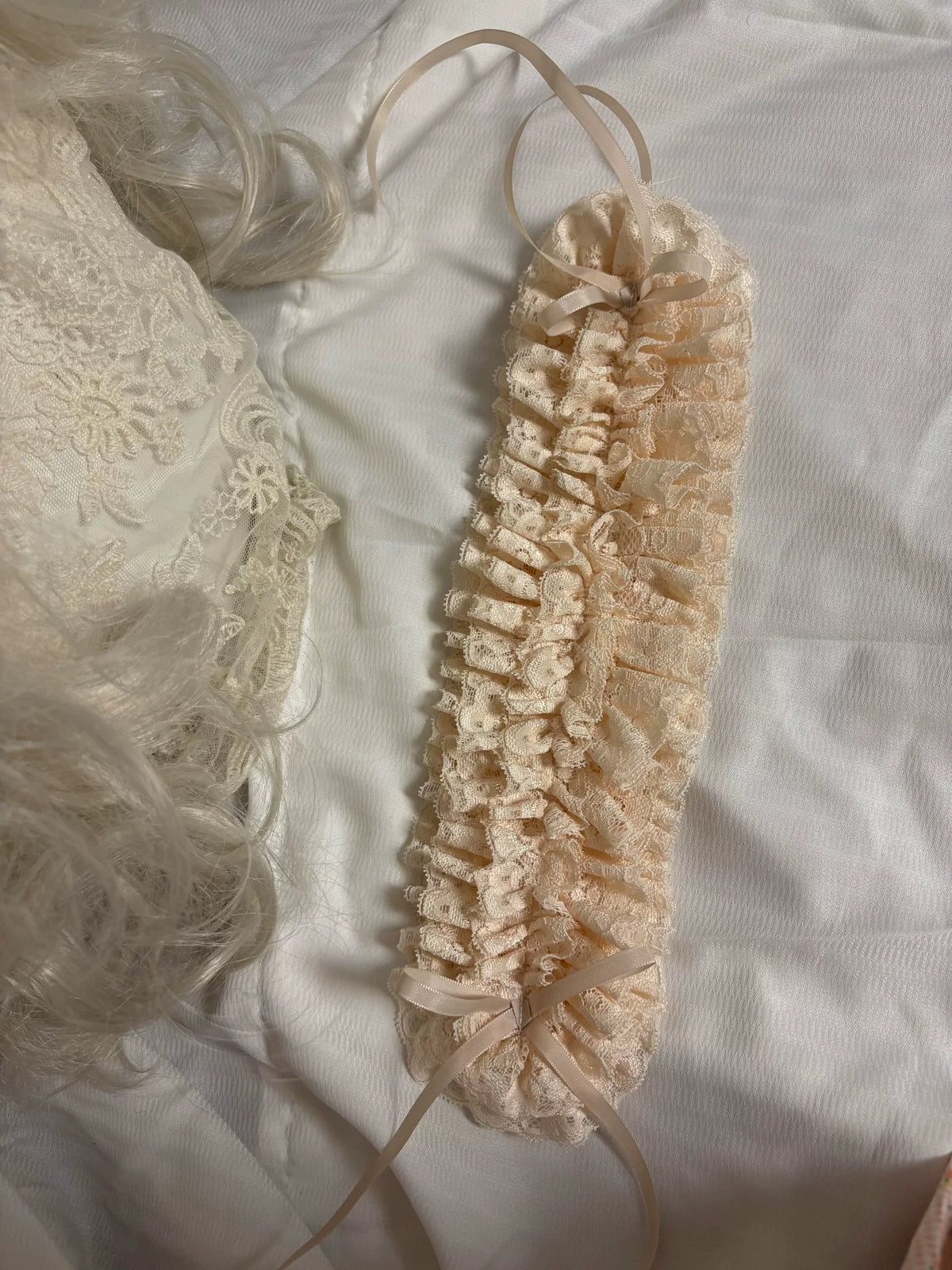 Cream Ruffled Lace Headband with Satin Bows