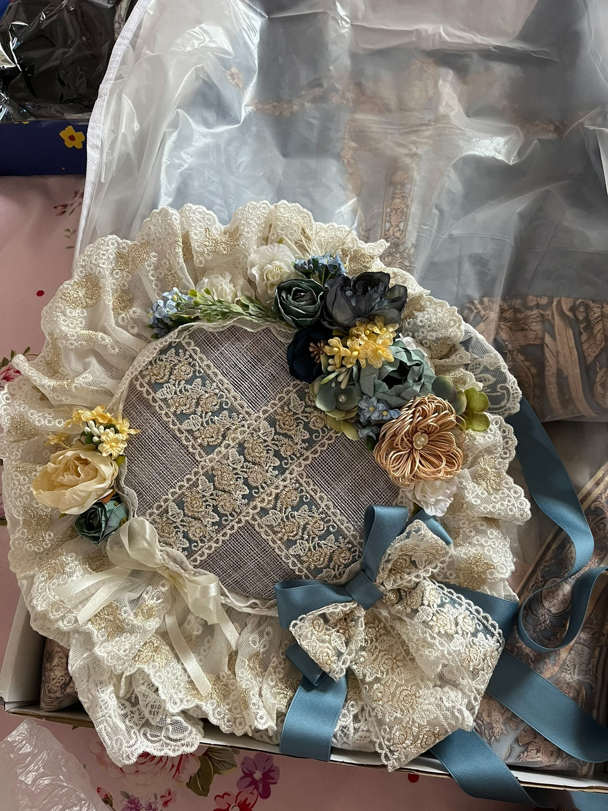Lolita Flat Bonnet Dusty Blue Lace