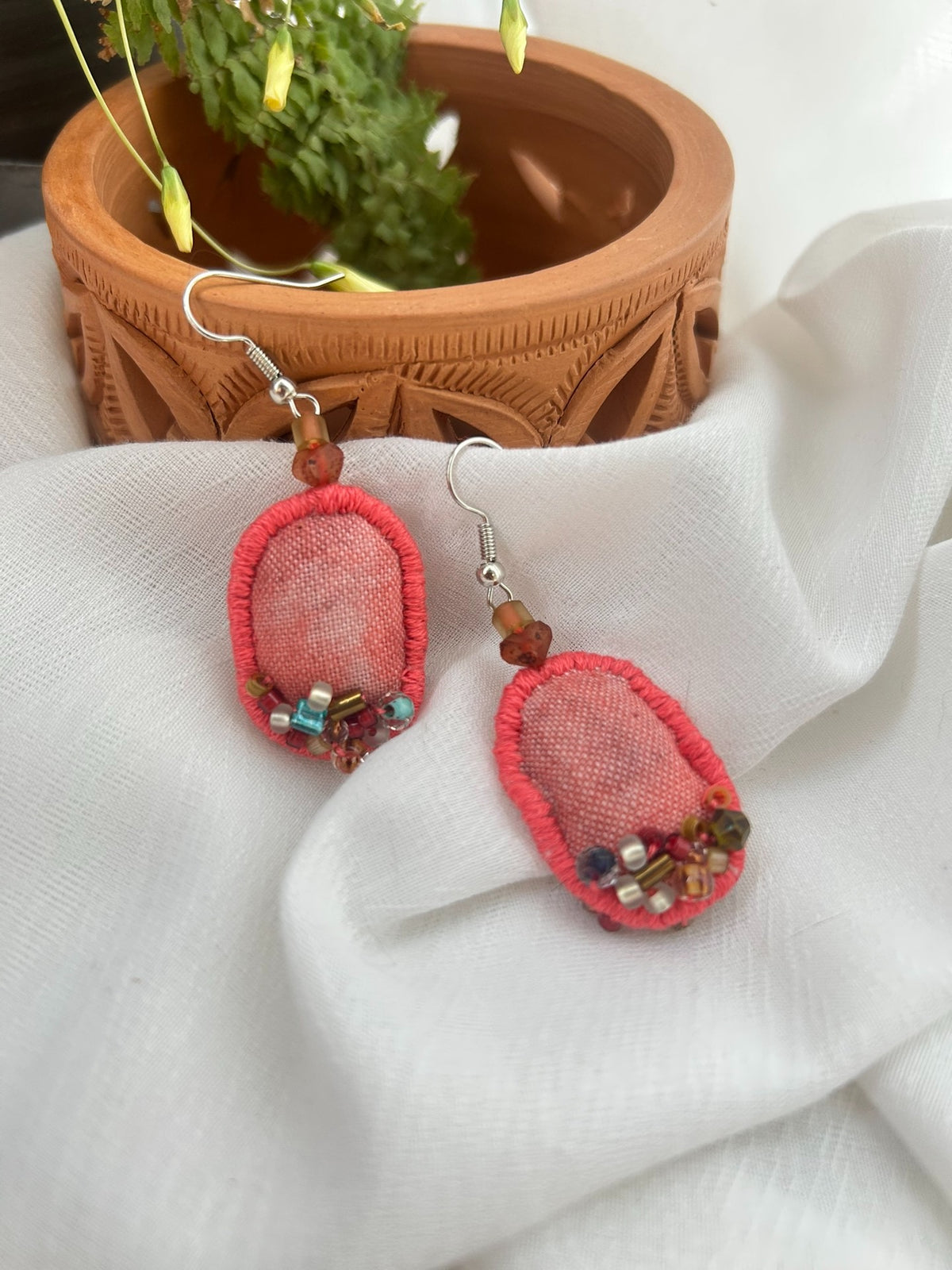 Handmade Fabric Beaded Earrings Coral