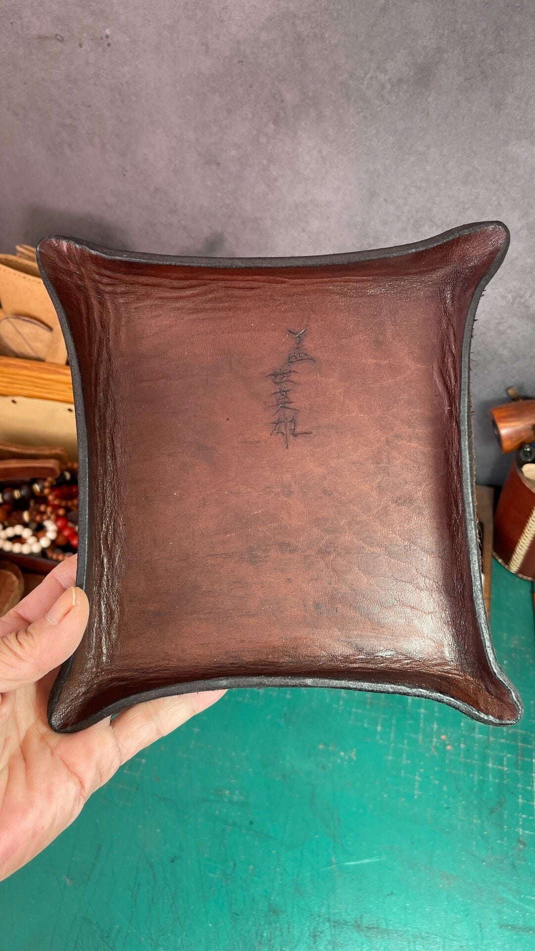 Hand-Carved Leather Tray with Upturned Corners