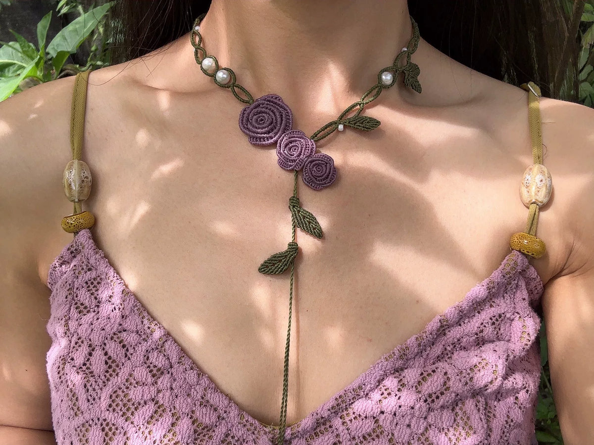 Handmade Macrame Necklace Purple Rose Vine