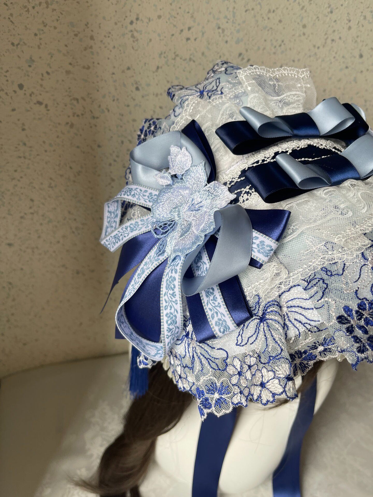 Lolita Blue White Lace Flat Hat Bonnet