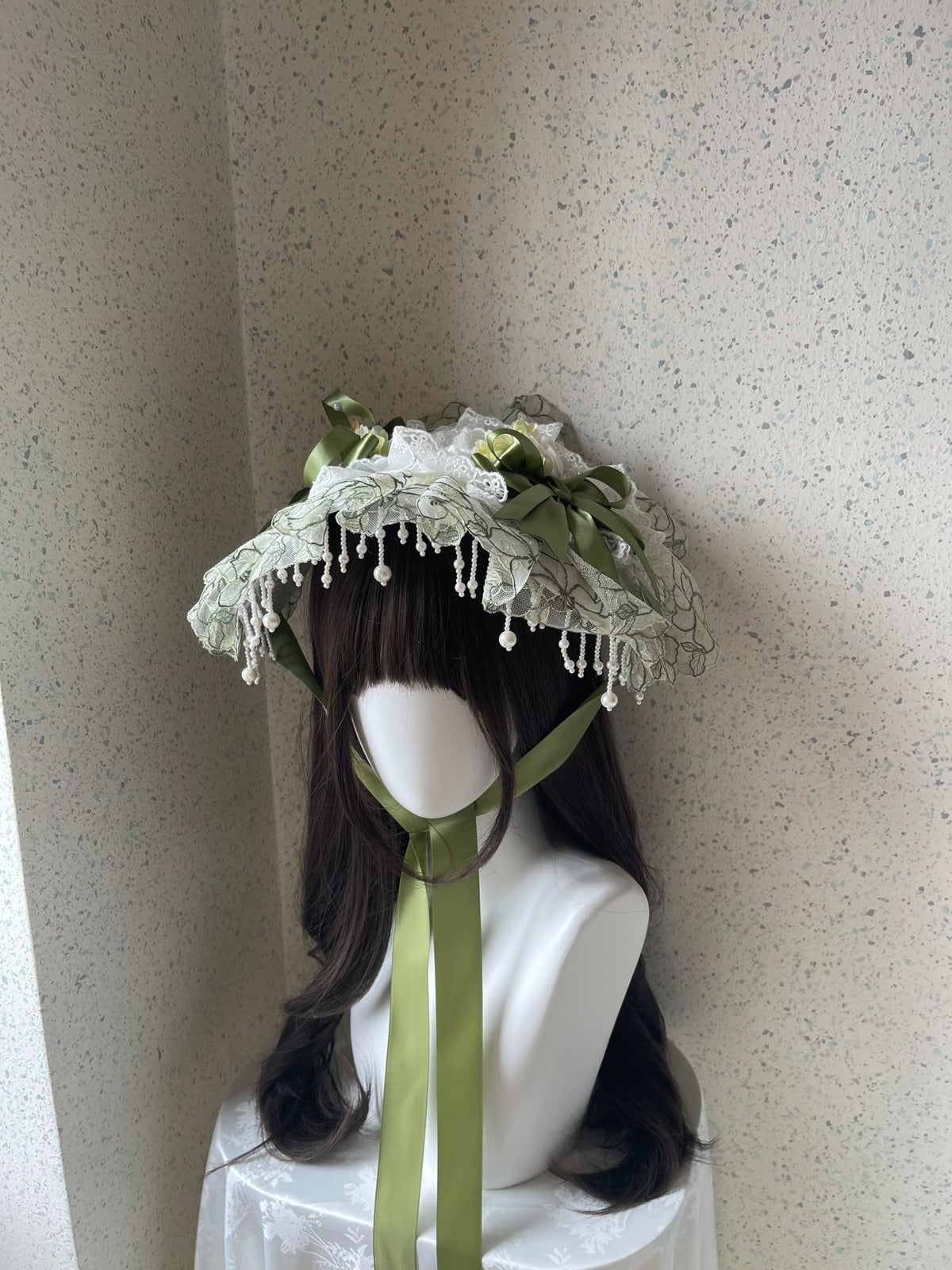 Lolita Lace Bonnet with Green Ribbon Bows