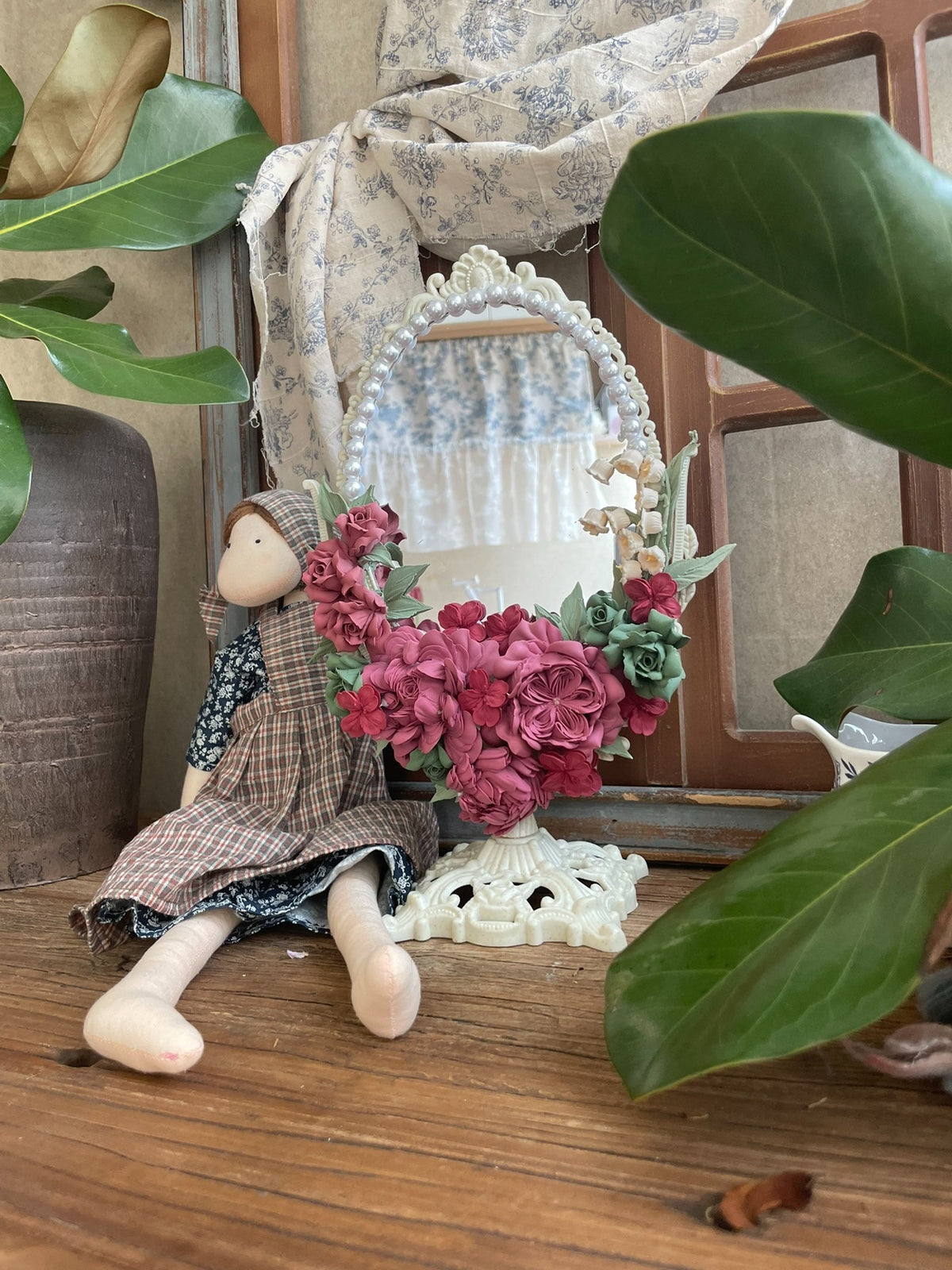 Oval Clay Flower Decorative Mirror
