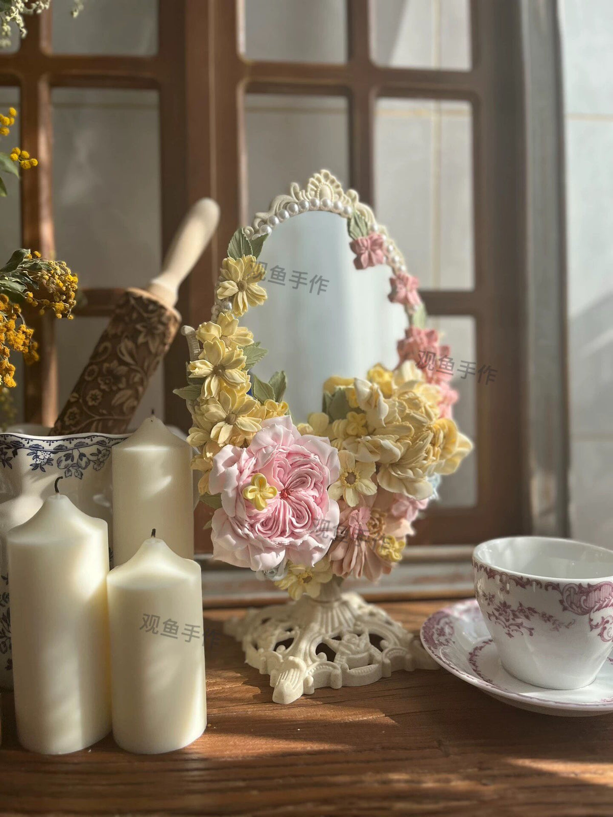 Clay Flower Decorated Oval Standing Mirror