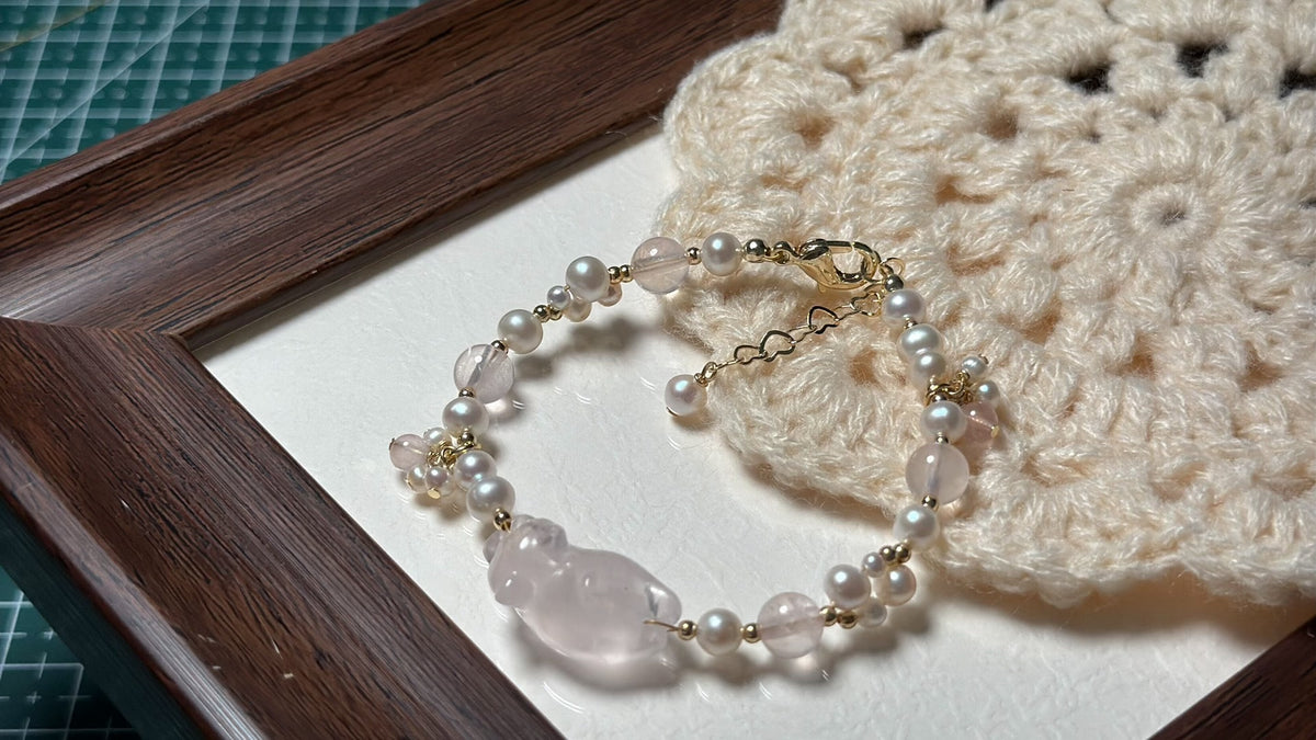Handmade Rose Quartz Cat Pearl Woven Bracelet