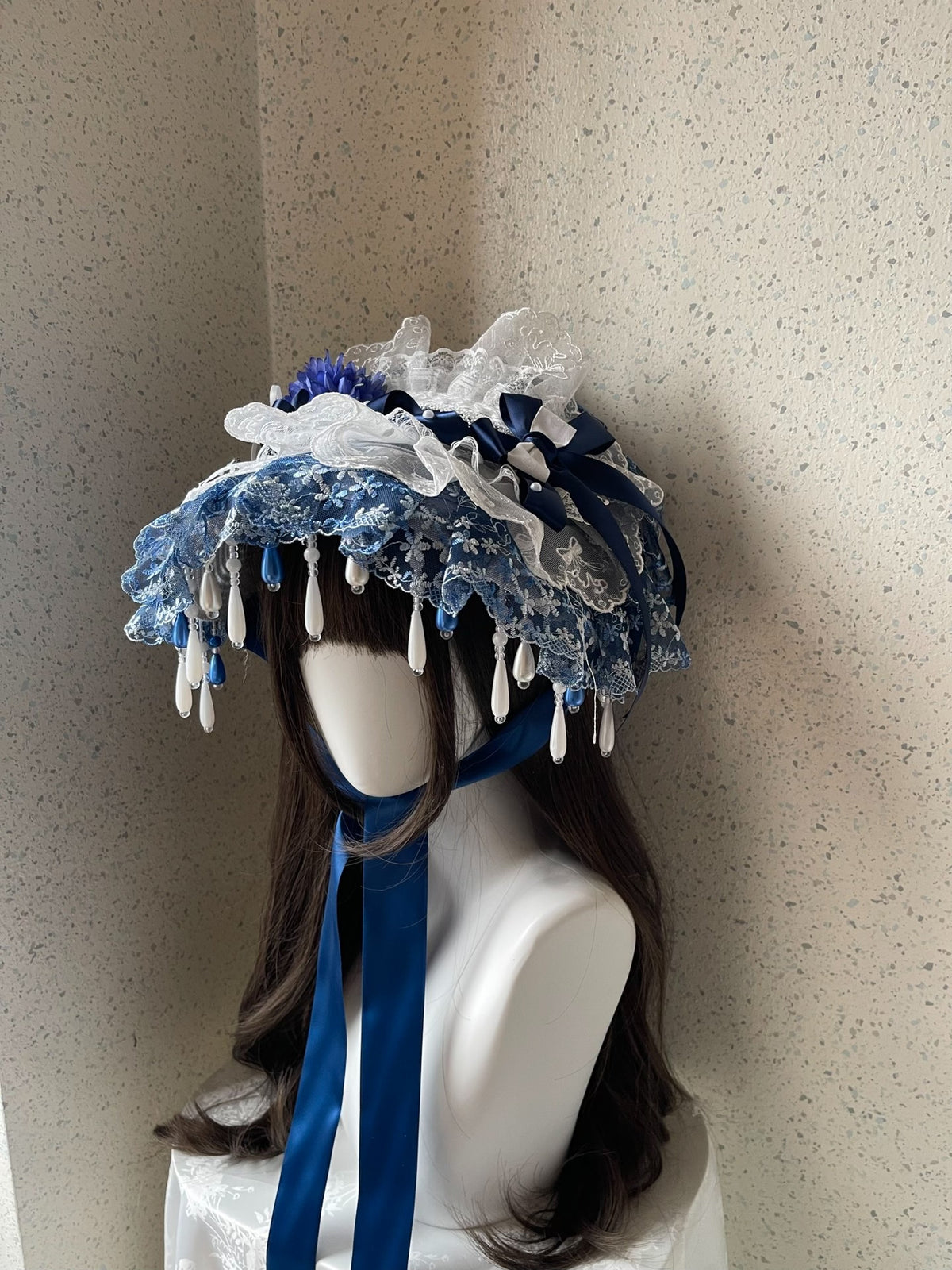 Lolita Blue White Lace Bonnet Handmade