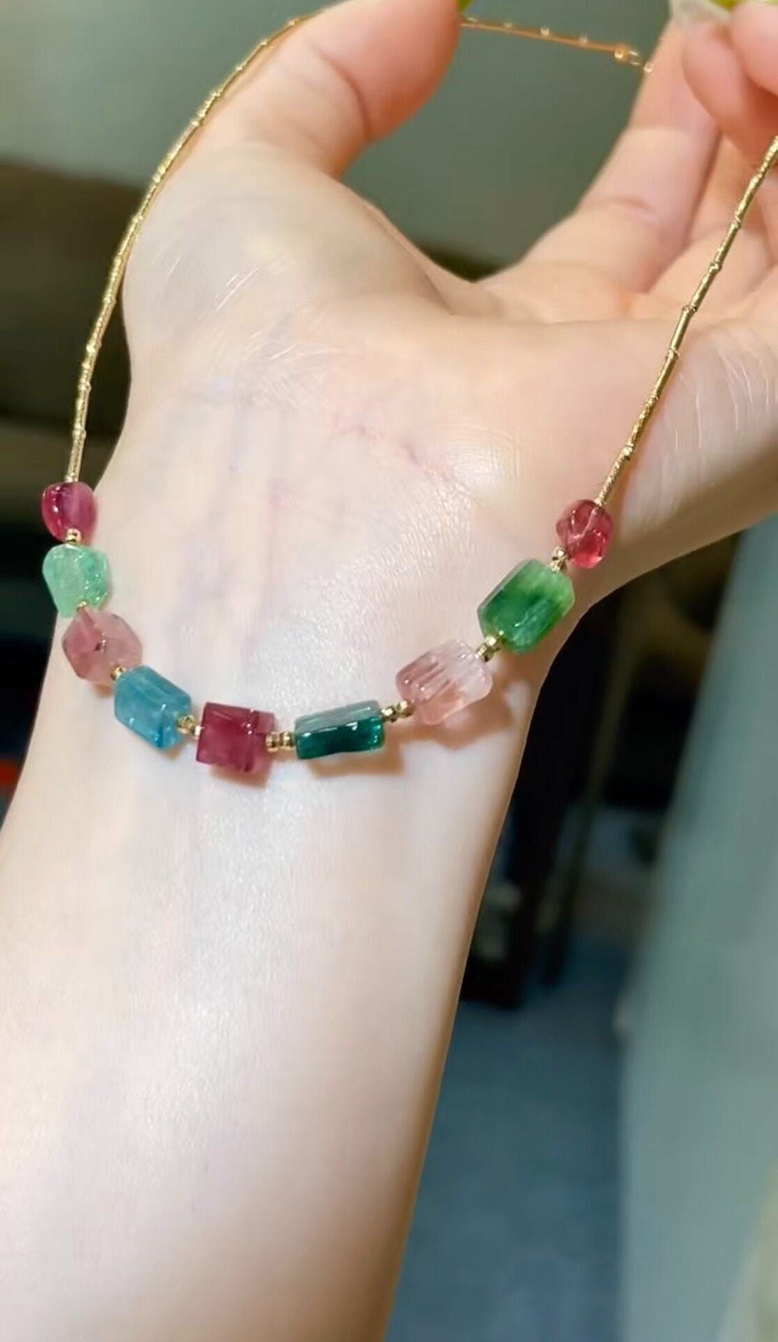 18k Gold Tourmaline Graduated Gemstone Necklace