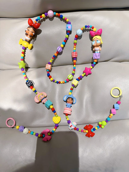 Colorful Beaded Phone Strap with Character Charms