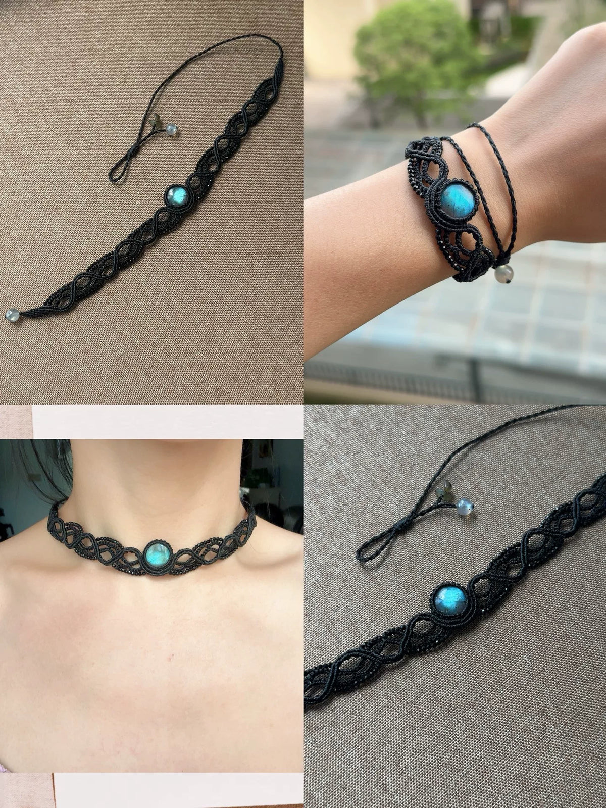 Svart makrame med labradorit choker och runt armband