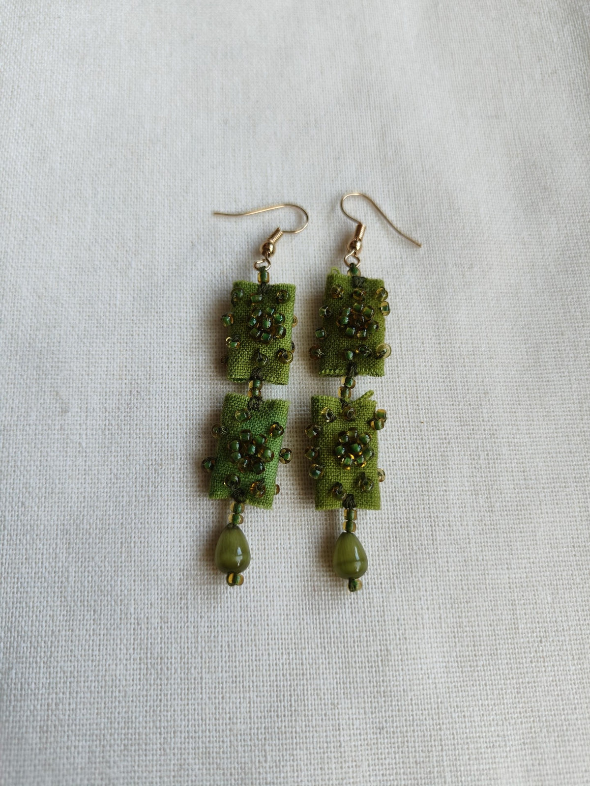 Handmade Fabric Earrings Green Beaded Tassel