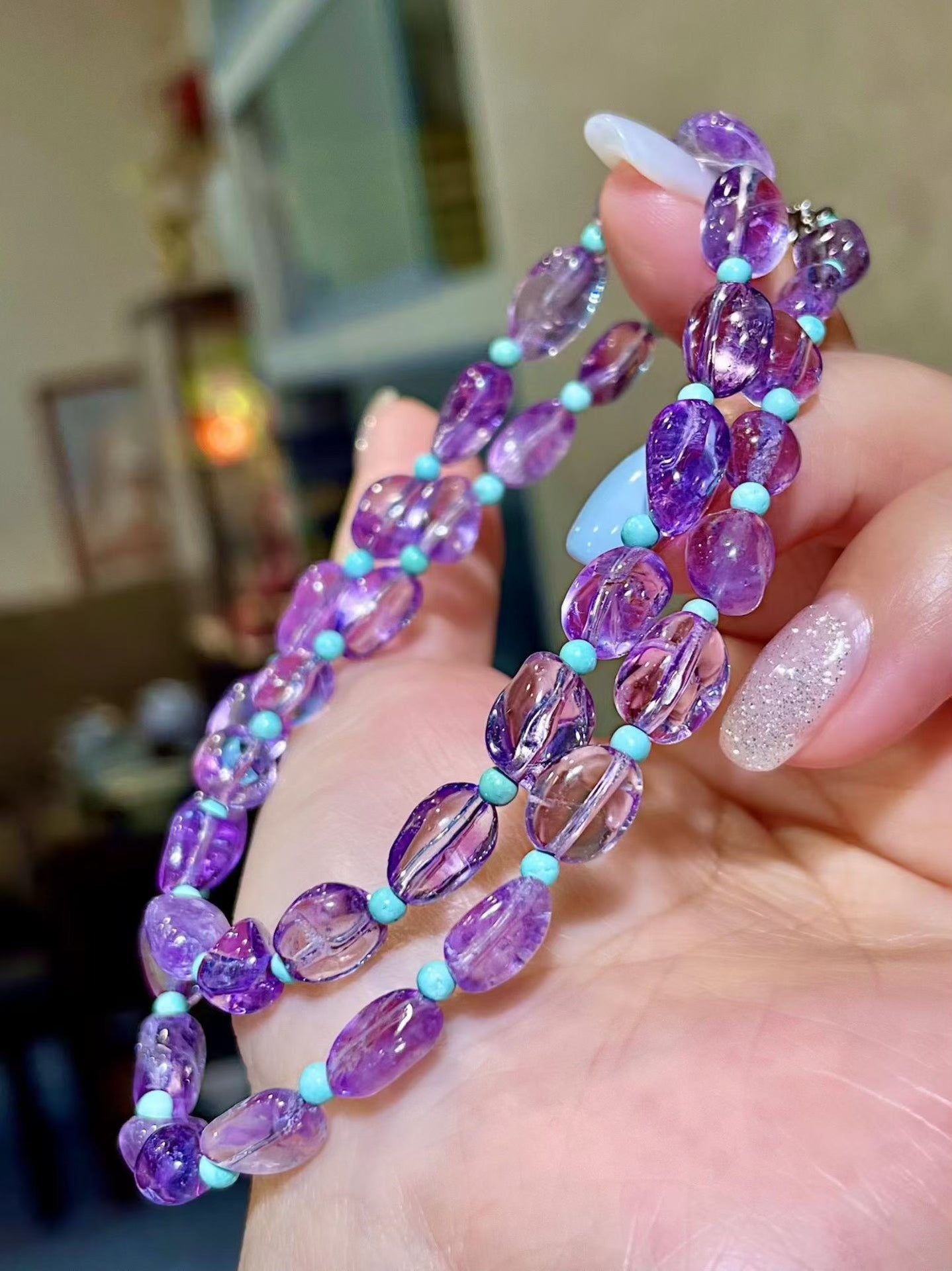 Freeform Amethyst and Turquoise Bead Necklace, 44cm