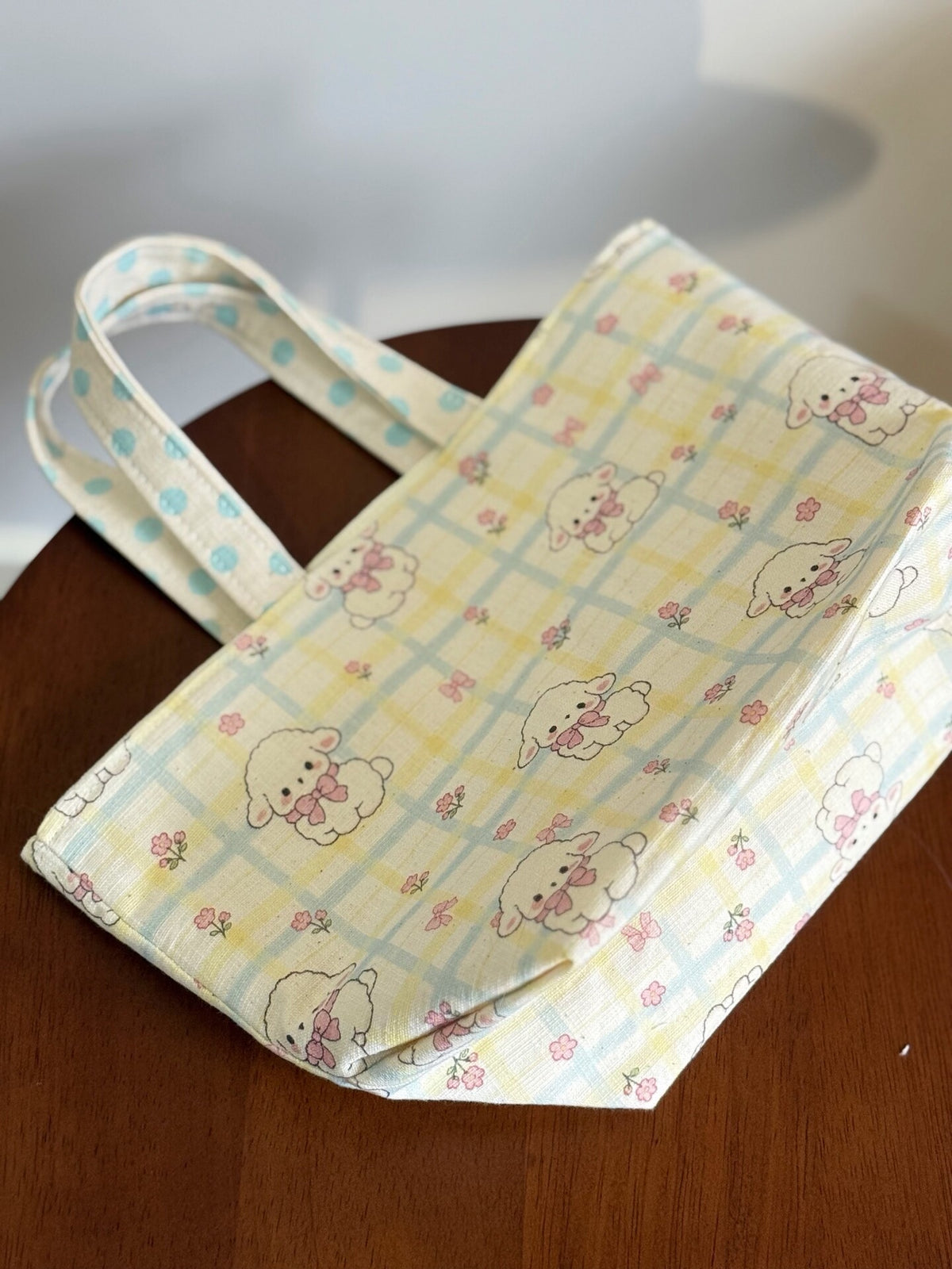 手作り 羊チェック柄 ランチトートバッグ