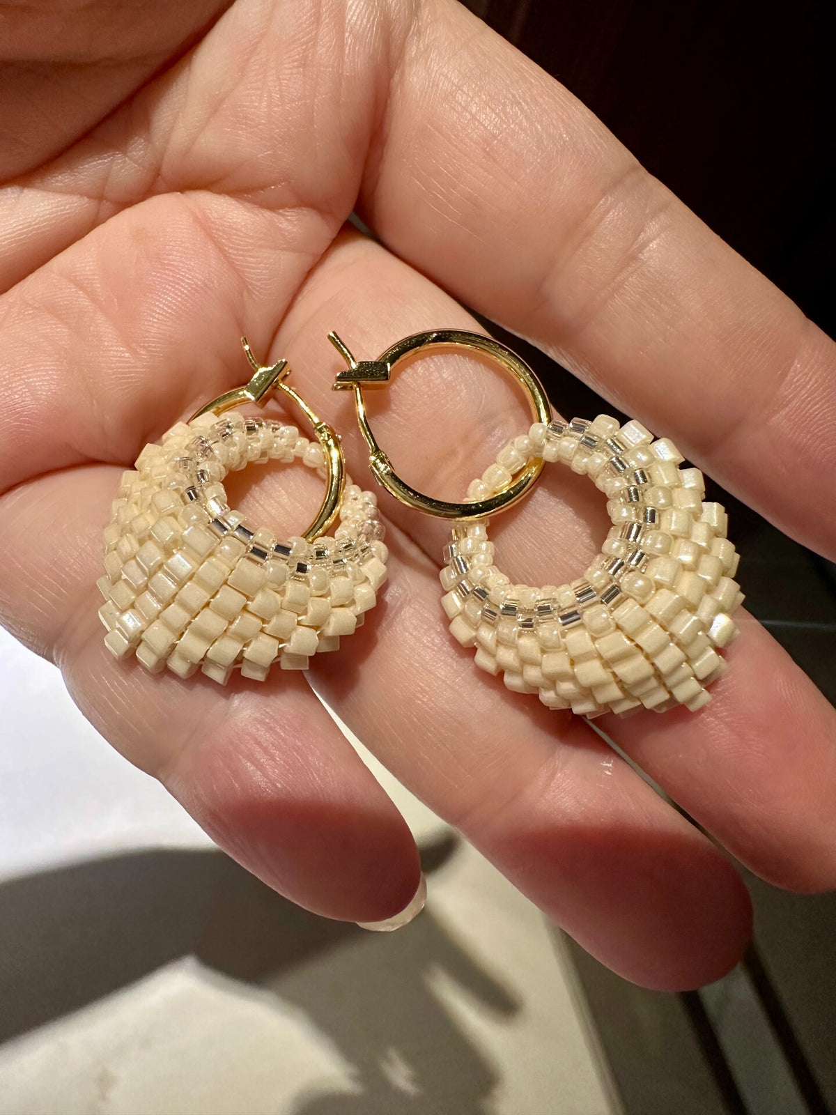 Handwoven Cream Beaded Hoop Earrings