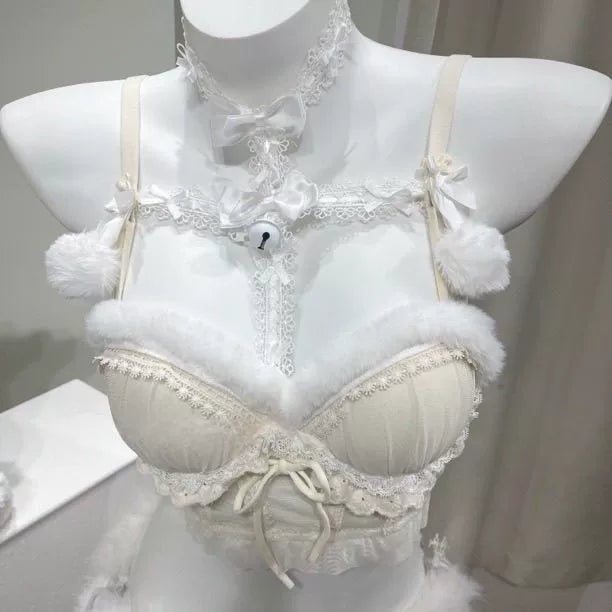 White Lace Cami Set with Faux Fur Trim