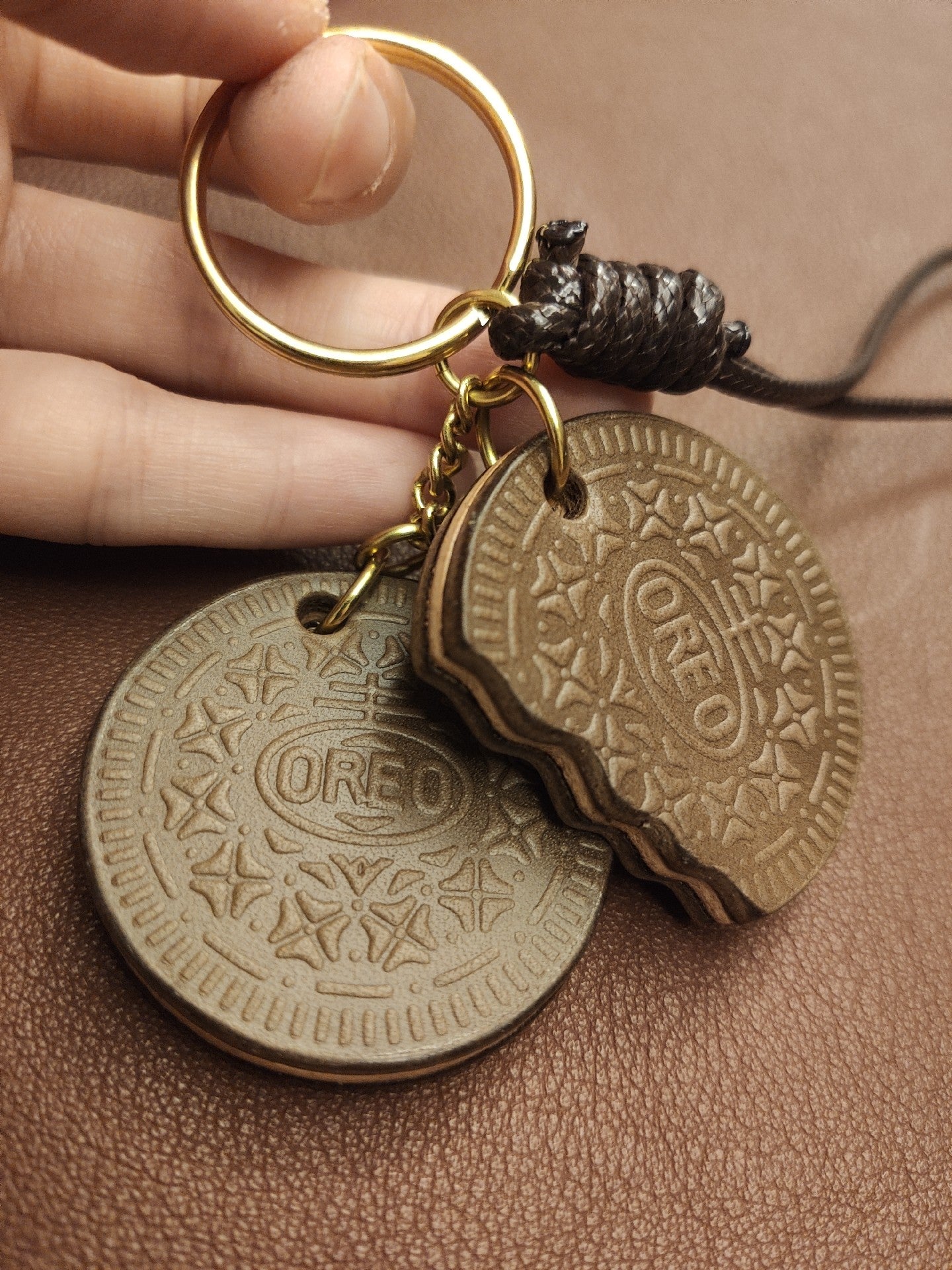Handmade Oreo Cookie Leather Keychain with Bite Detail
