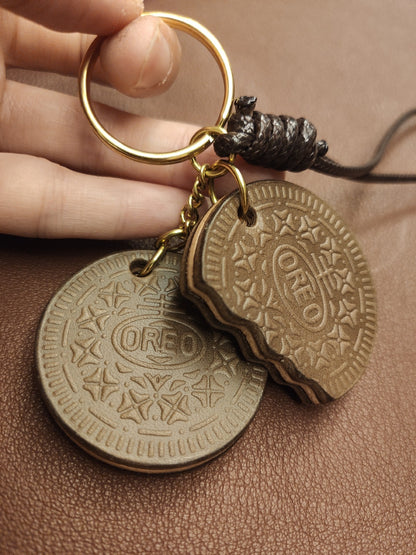 Handmade Oreo Cookie Leather Keychain with Bite Detail