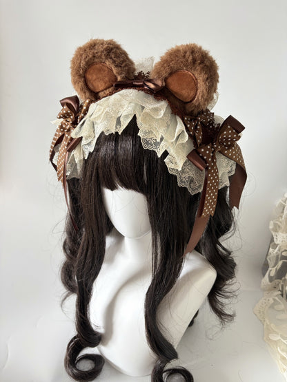 Brown Chocolate Bear Ear Lolita Headband with Lace and Bows