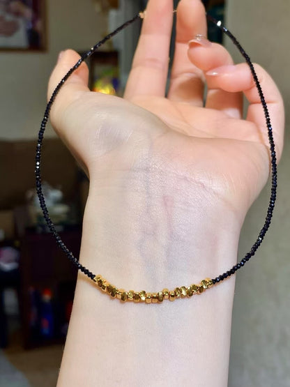Black Gemstone Necklace with Gold Nugget Cluster