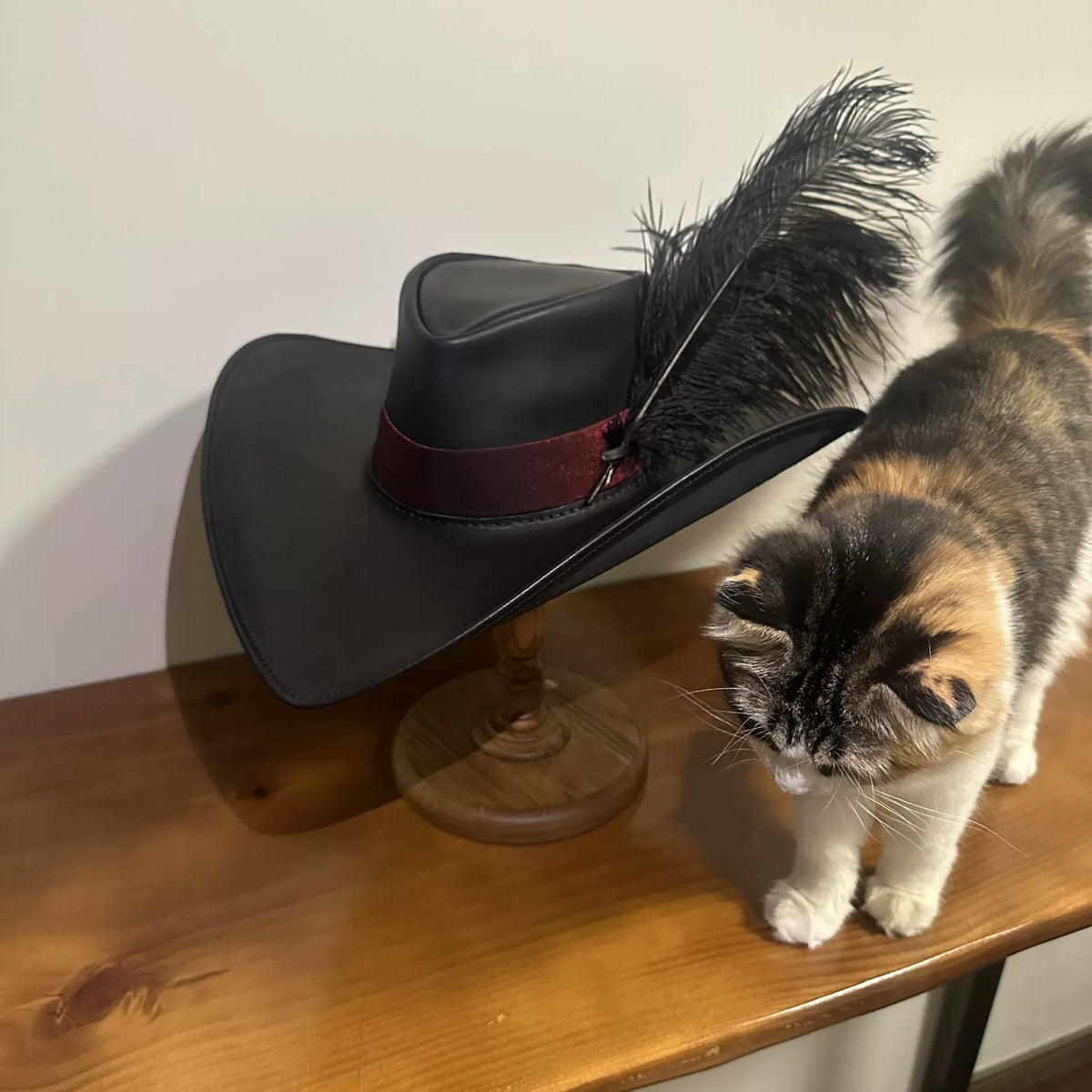 Handmade Black Leather Cosplay Hat Ostrich Feather