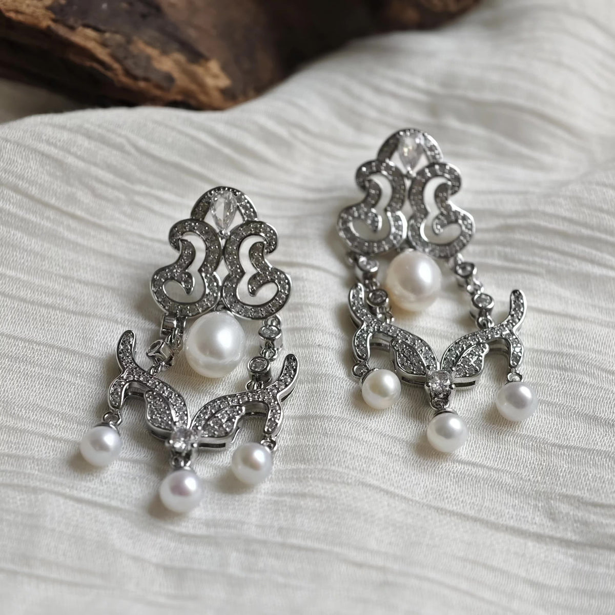 Silver Toned Chandelier Earrings with Natural Pearl