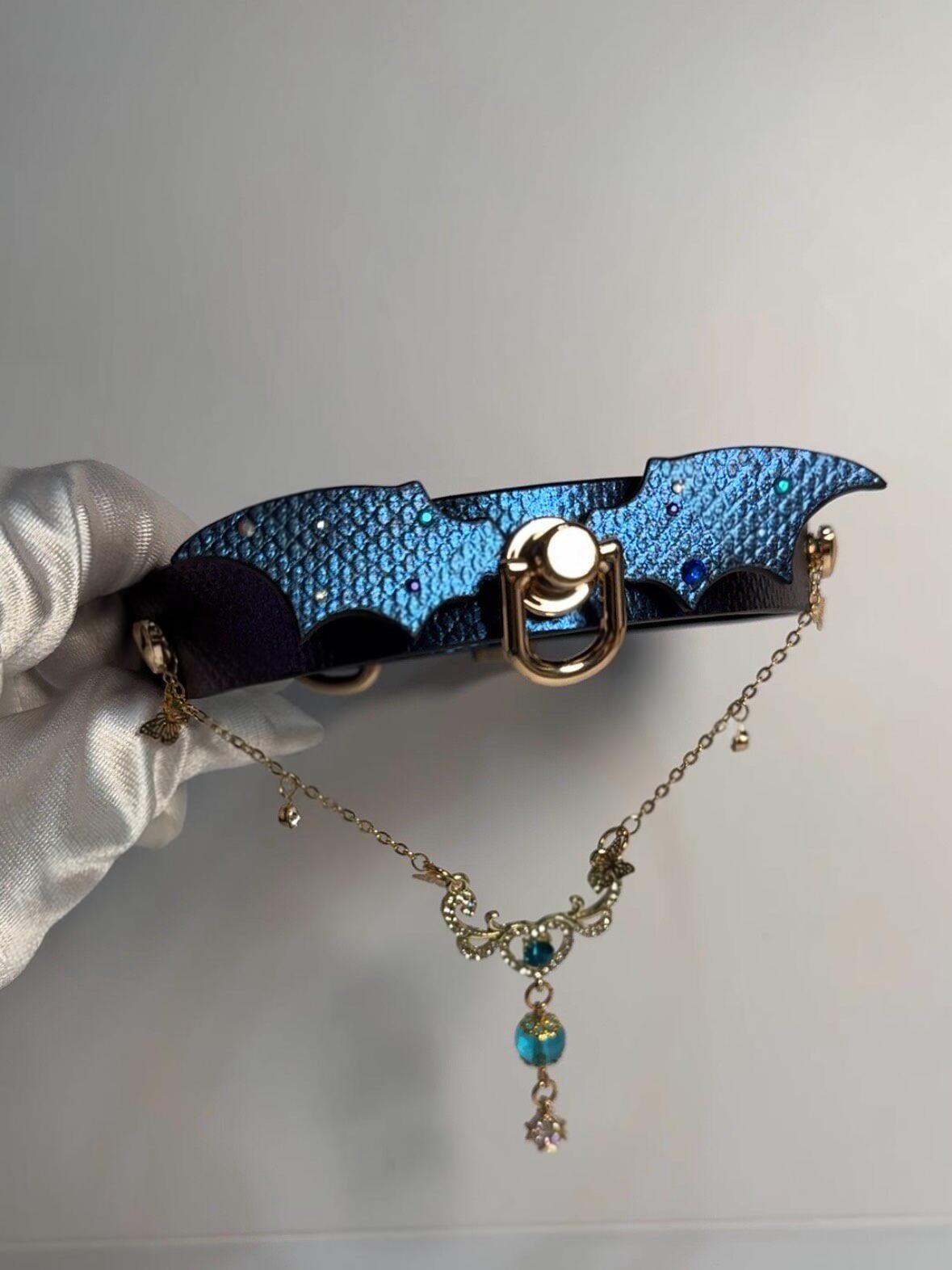 Bat Wing Leather Pet Collar with Chain
