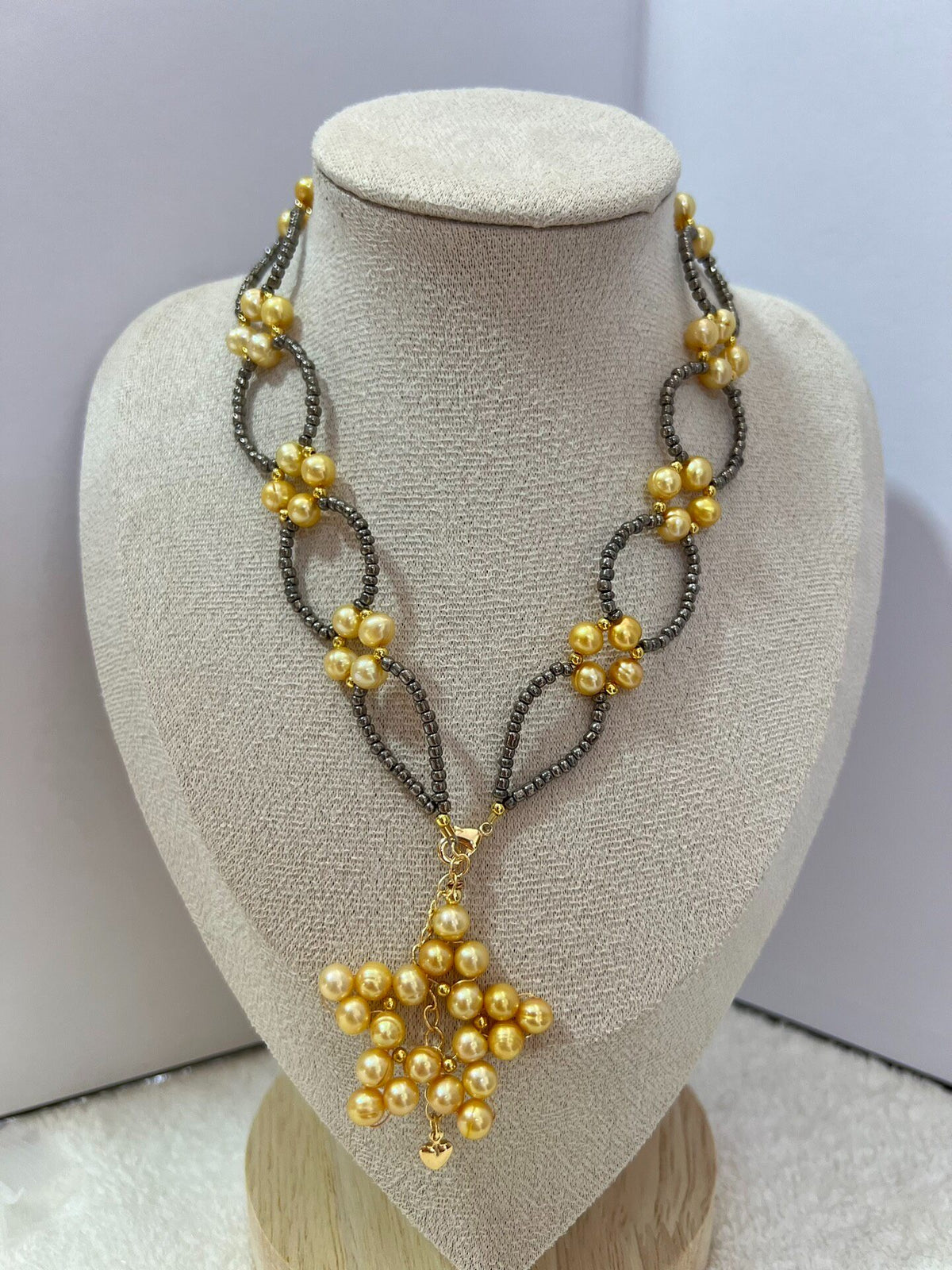 Gothic Lace Necklace Black Gold Pearl