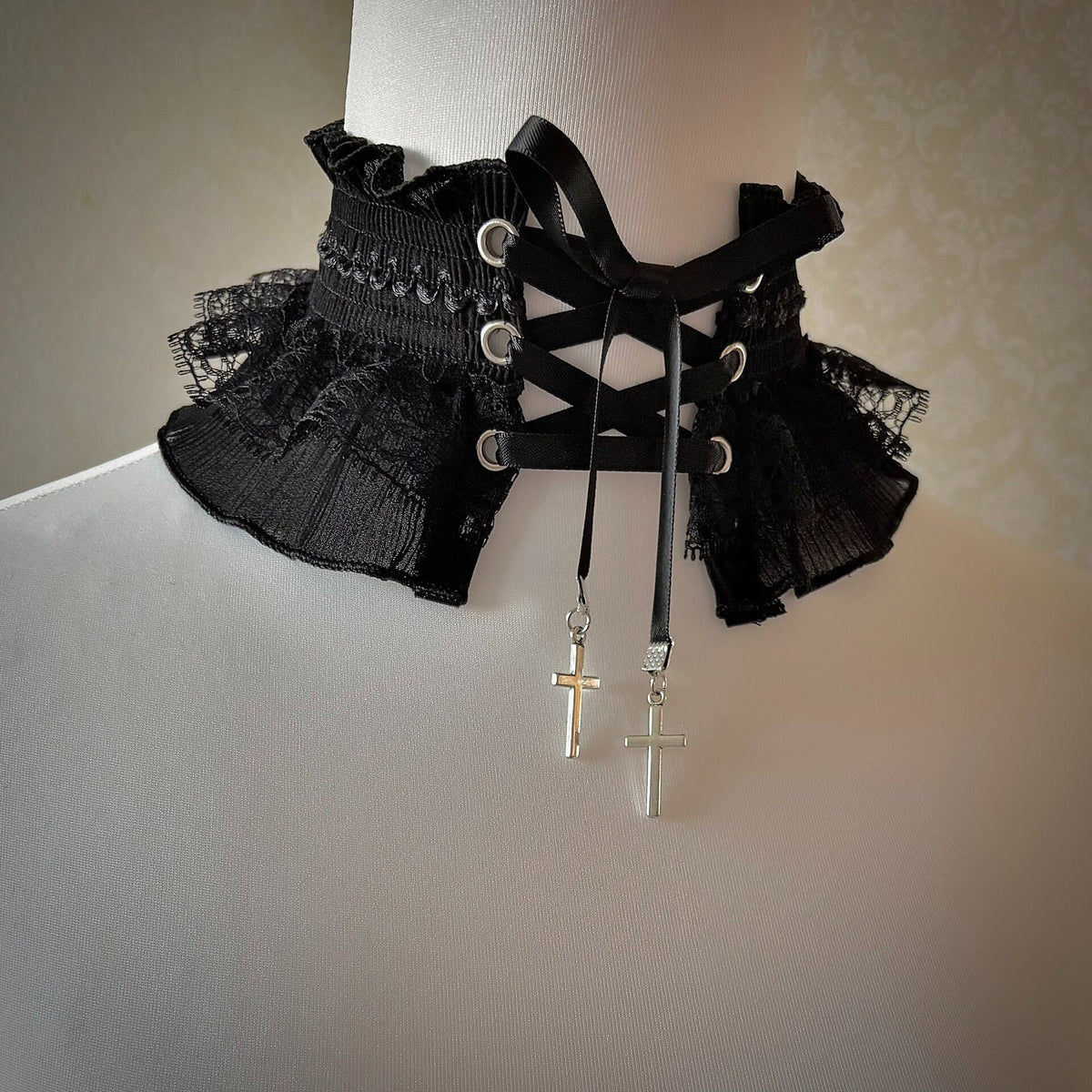 Gothic Lace Choker with Cross Pendants