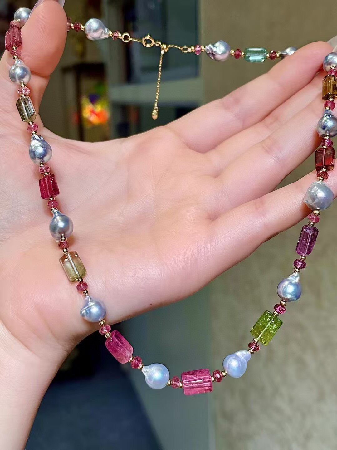 Baroque Pearl and Tourmaline Necklace with Adjustable Chain