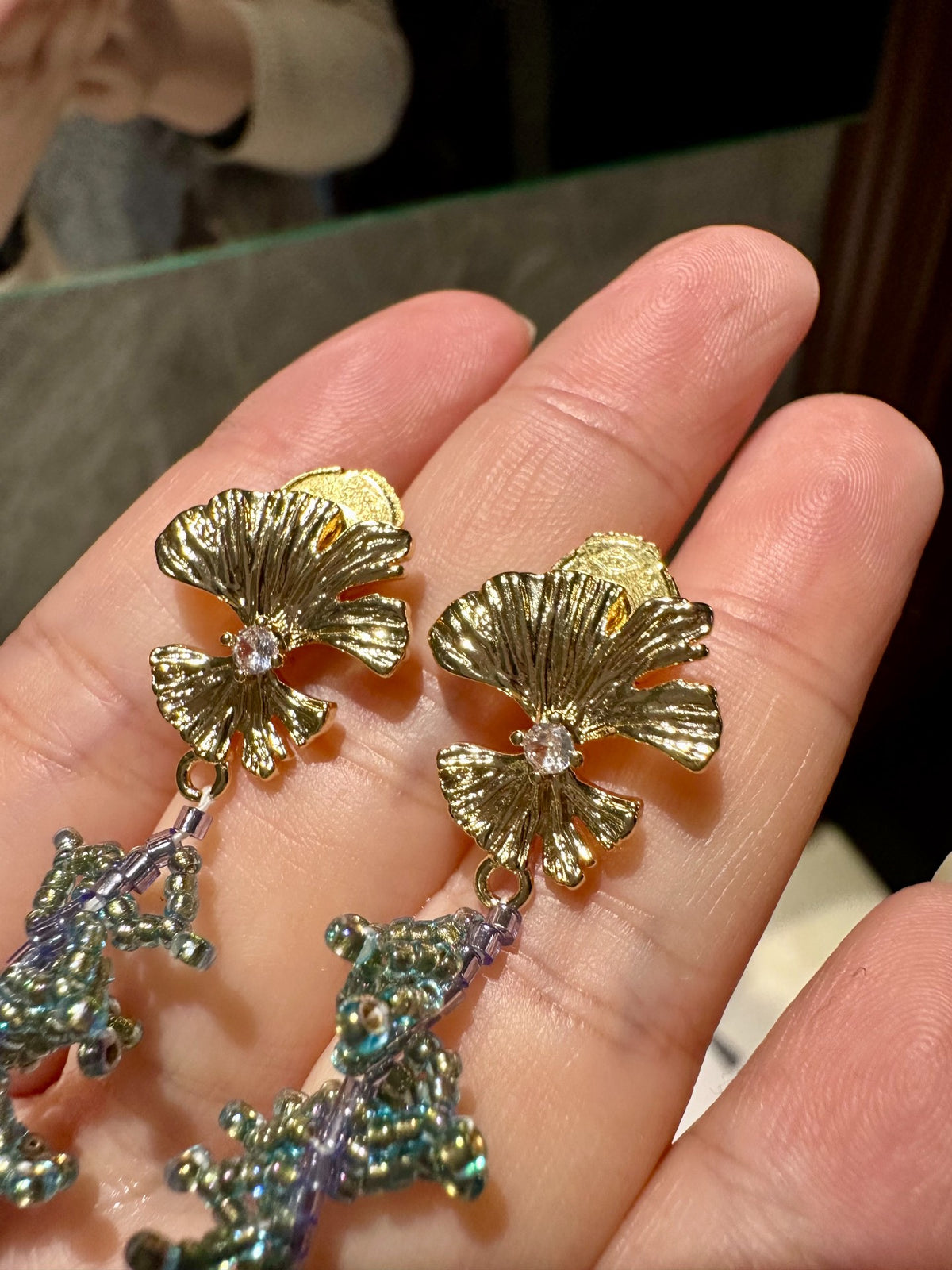 Long Beaded Tassel Earrings Ginkgo Leaf