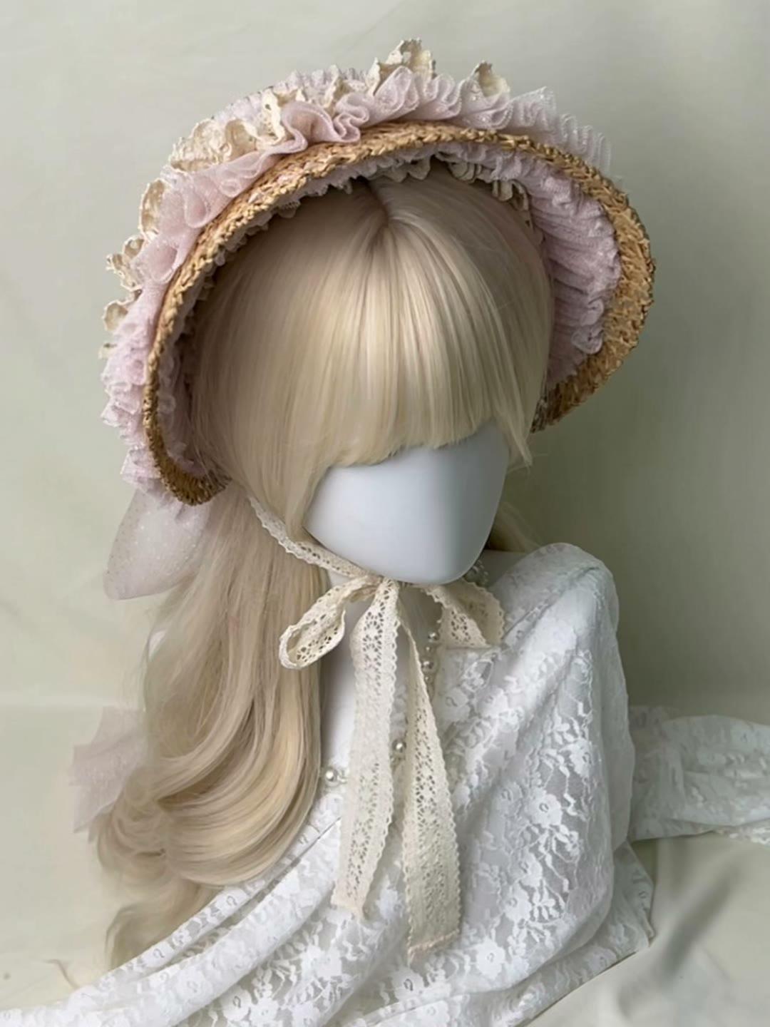 Antique Pink Ruffled Straw Bonnet