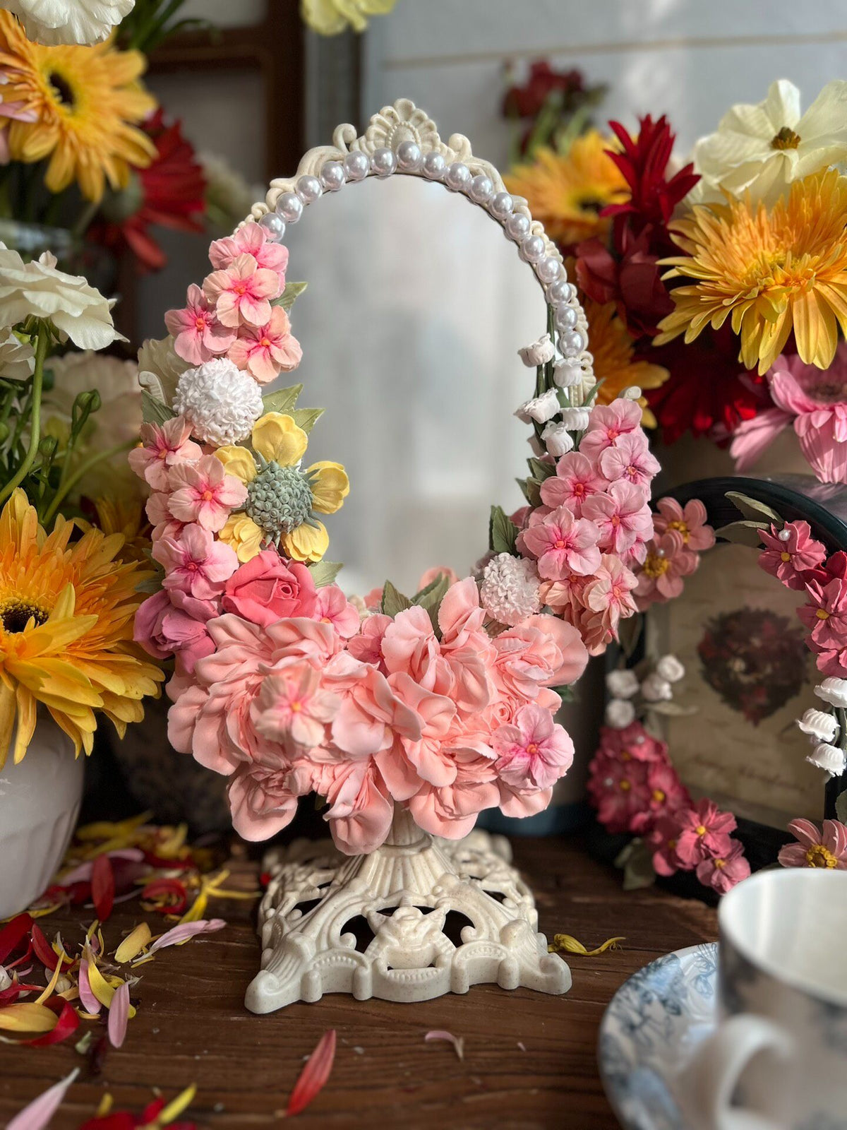 Clay Flower Decorated Oval Mirror