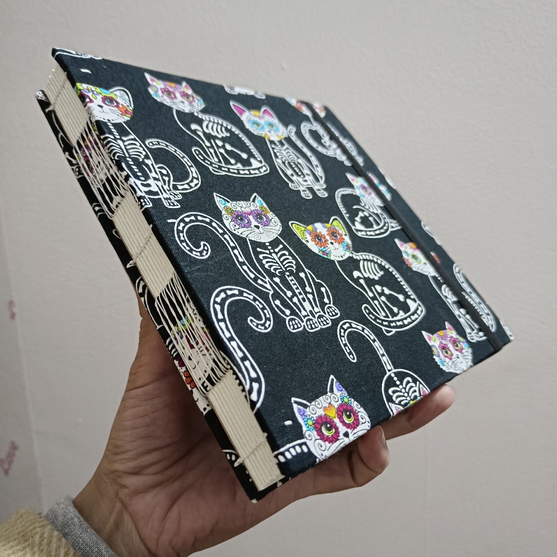 Customizable Handmade Watercolor Sketchbook with Skeletal Cat Cover