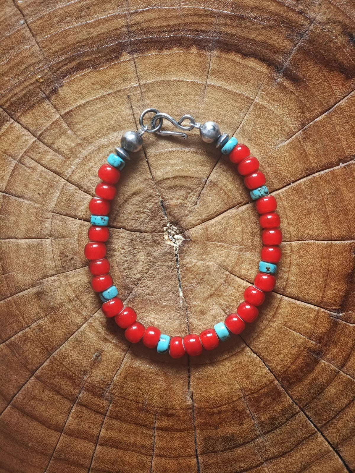 Armband aus rotem Glas und Türkisperlen 925 Silber