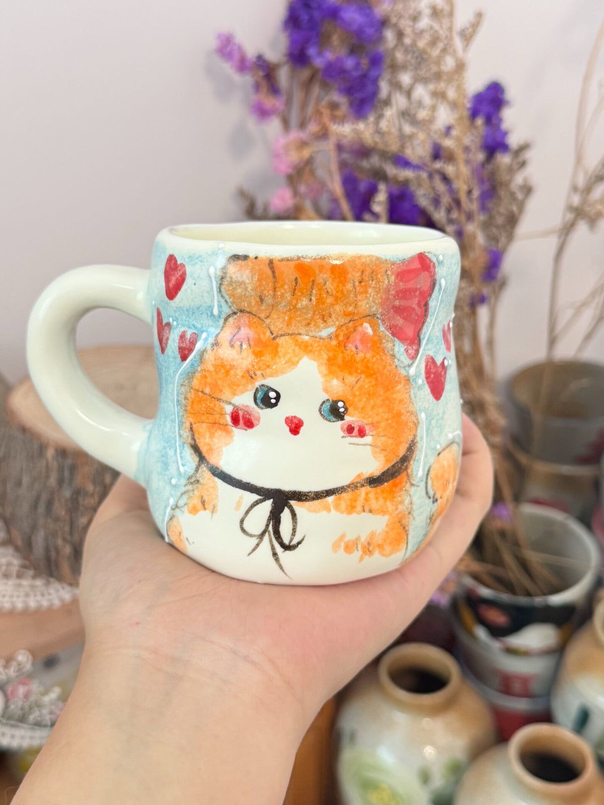 Handcrafted Ceramic Coffee Mug Blue Cat Design