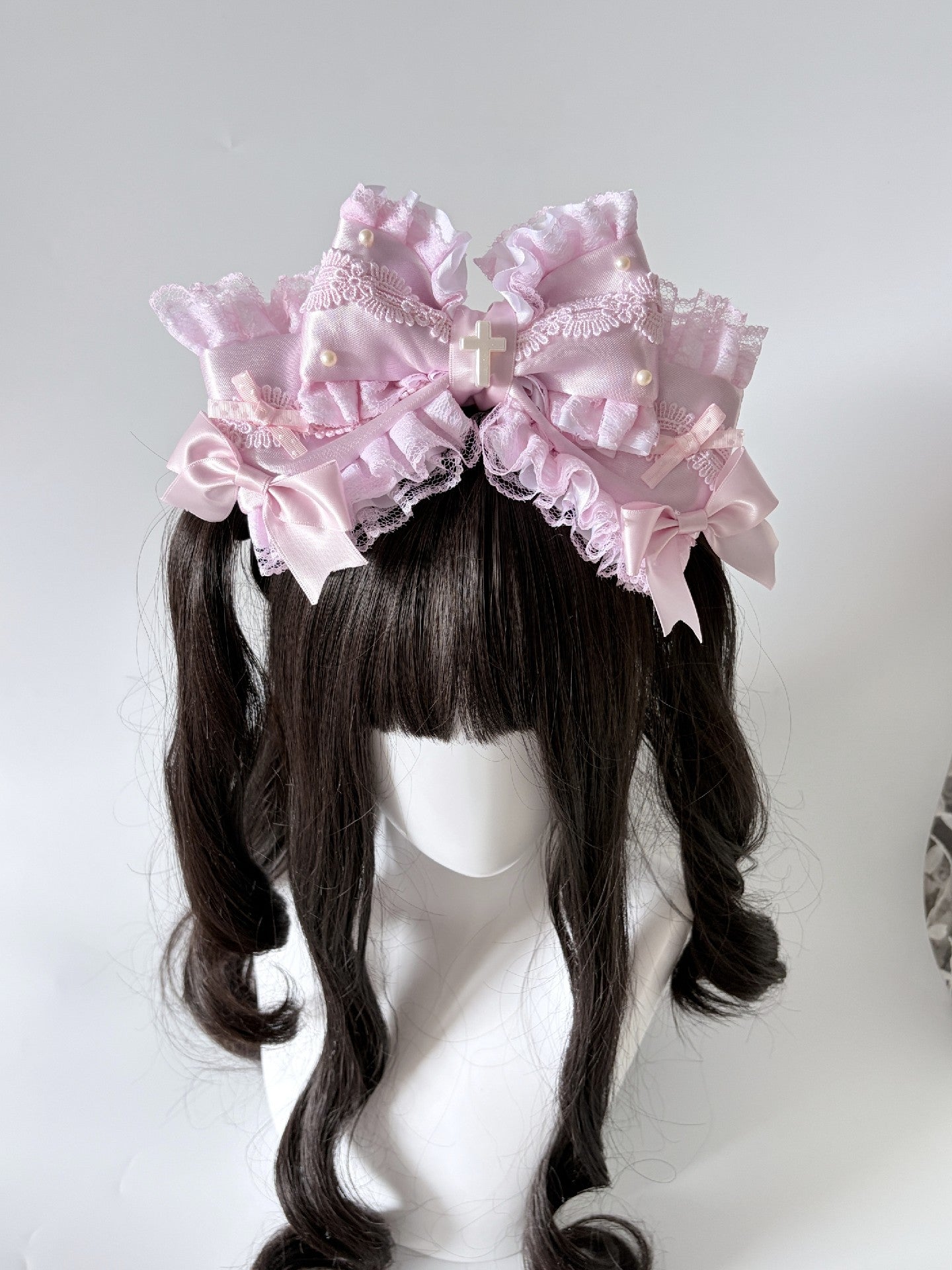 Pink Large Multi-Layer Bow Lolita Headband with Lace and Pearl Charms