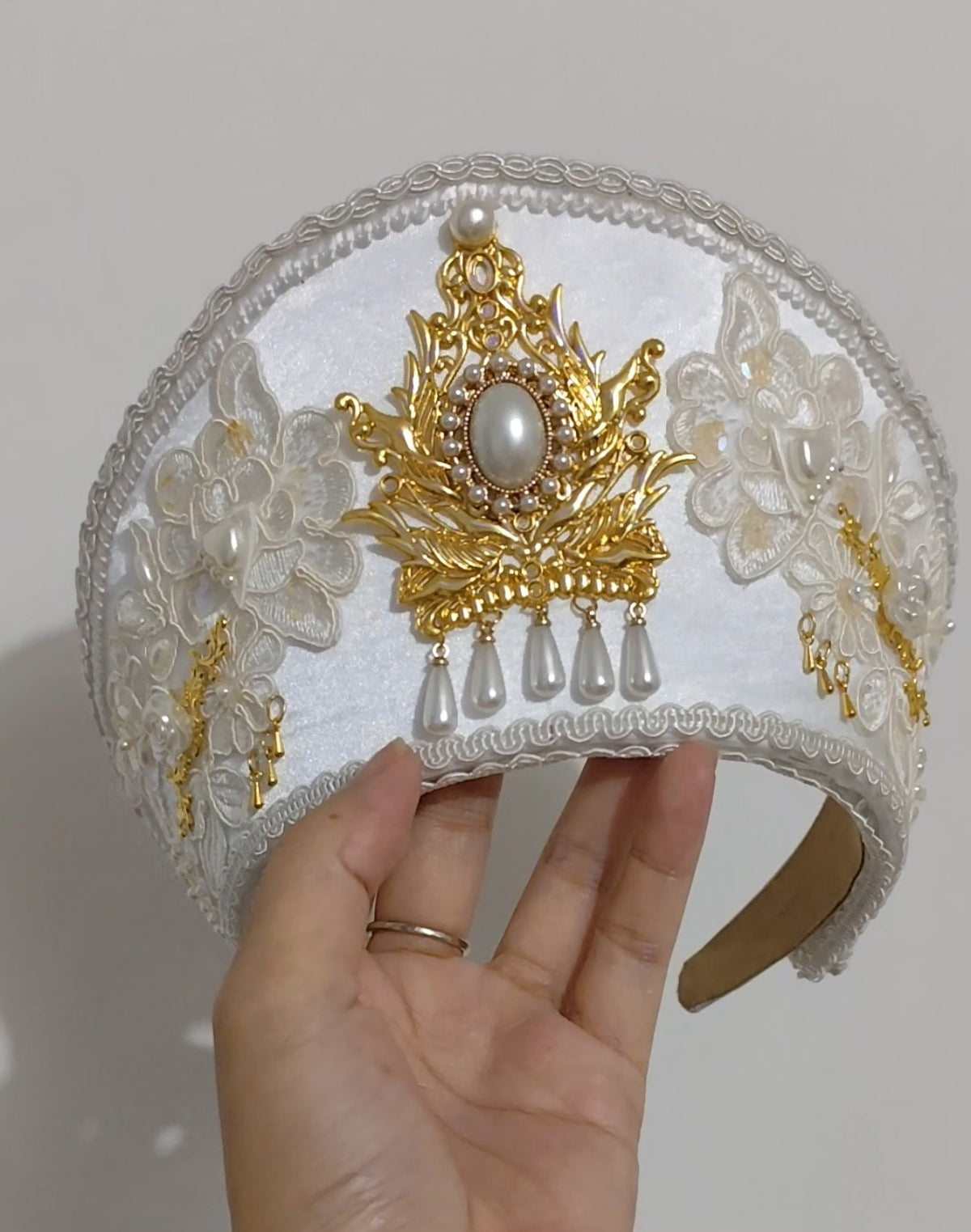 White Satin Lolita Kokoshnik Headpiece with Gold Ornament