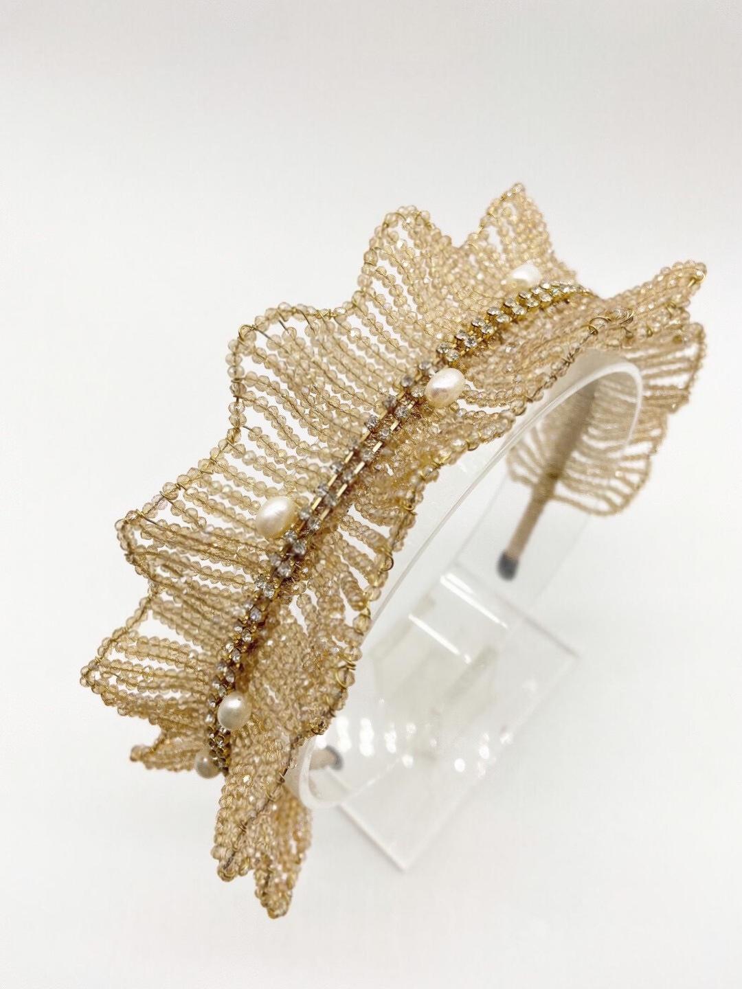 Champagne Beaded Crown Headband with Pearls