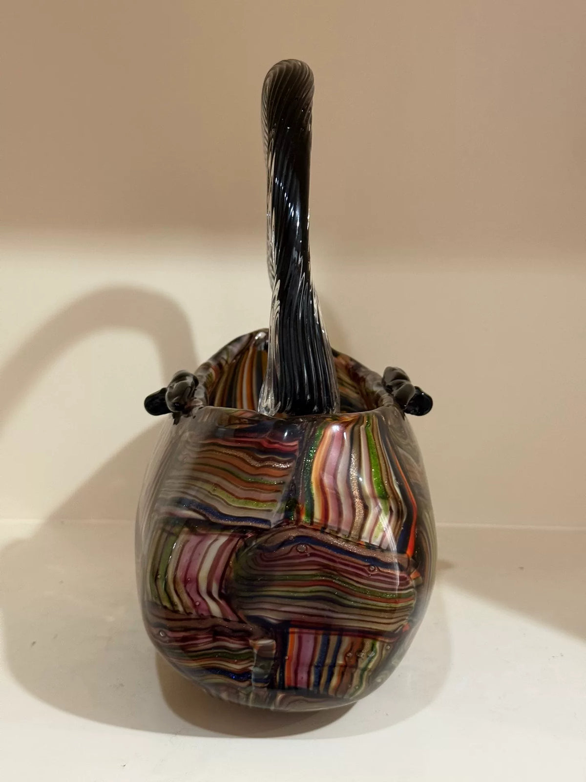 Multicolored Glass Handbag Vase with Twisted Handle