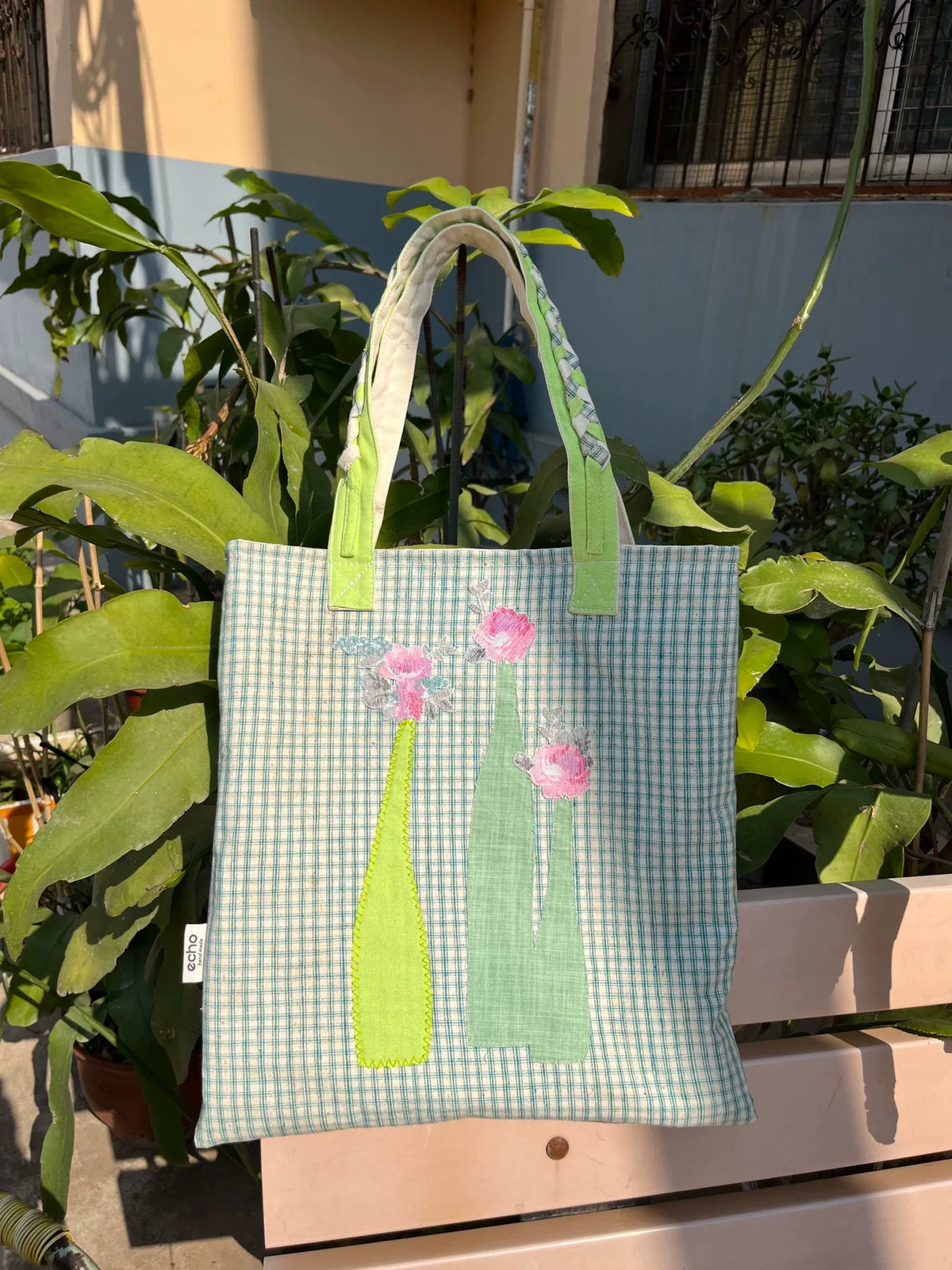 Handgefertigte Patchwork-Schultertasche Grün Karo